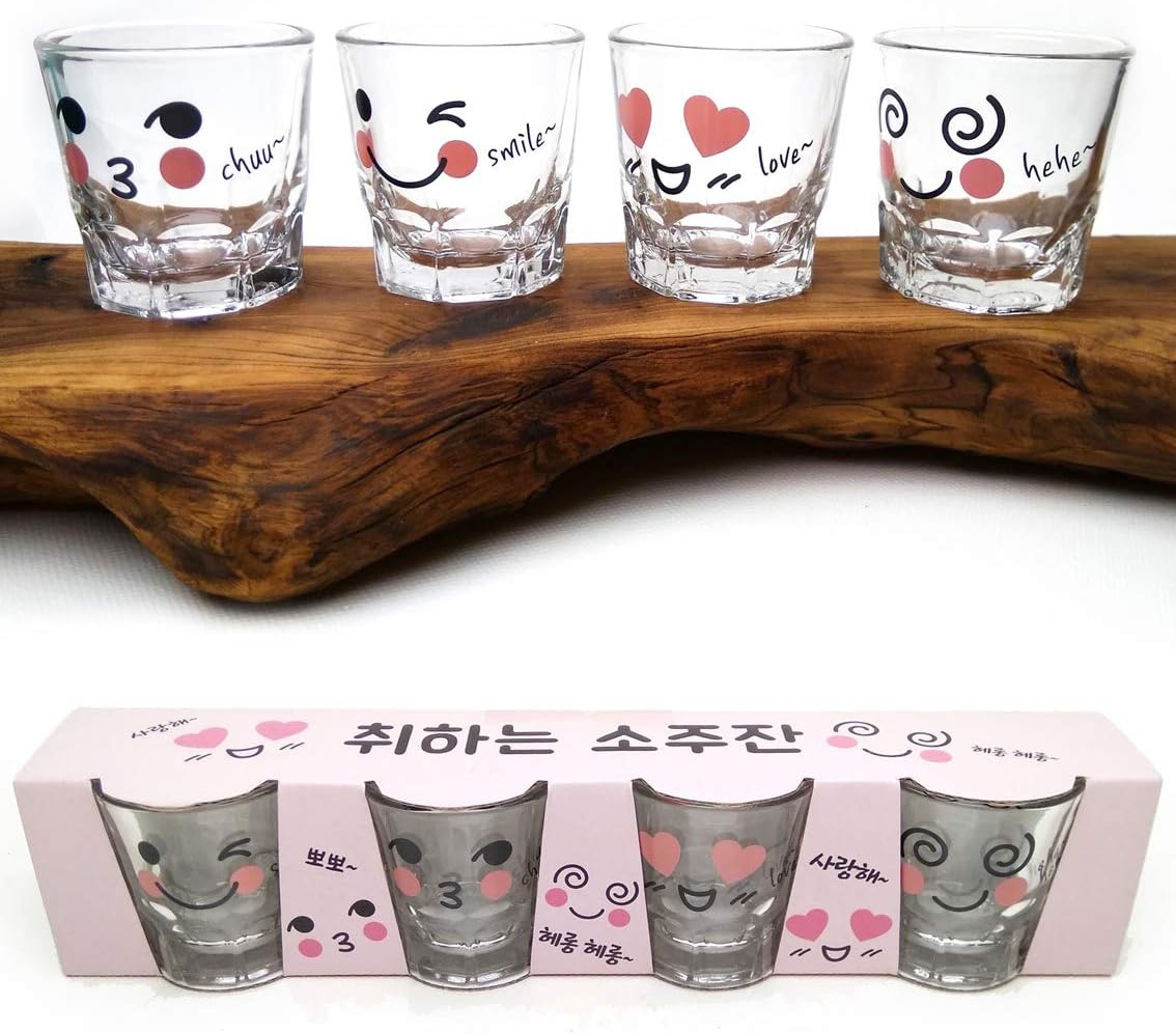 Amazon.com | LENITH] Korean Soju Shot Glasses Sets, 1.7 oz, Character Clear Glass, Heart Shaped Glass for Whiskey,Tequila and Liquor. (Characters): Shot Glasses