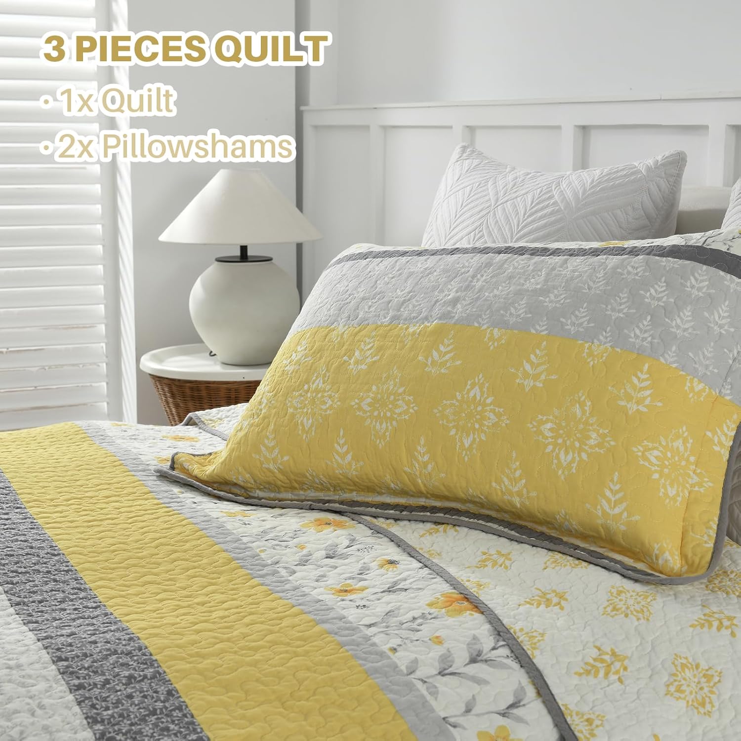 PANGUSHAN 100% Cotton King Quilt Set, Size Bedding Floral Reversible Farmhouse Yellow Quilted Bedspread Lightweight Comforter for Bed, 3pcs, All Season, Yellow/Gray/White, King(98/''x106/'')
