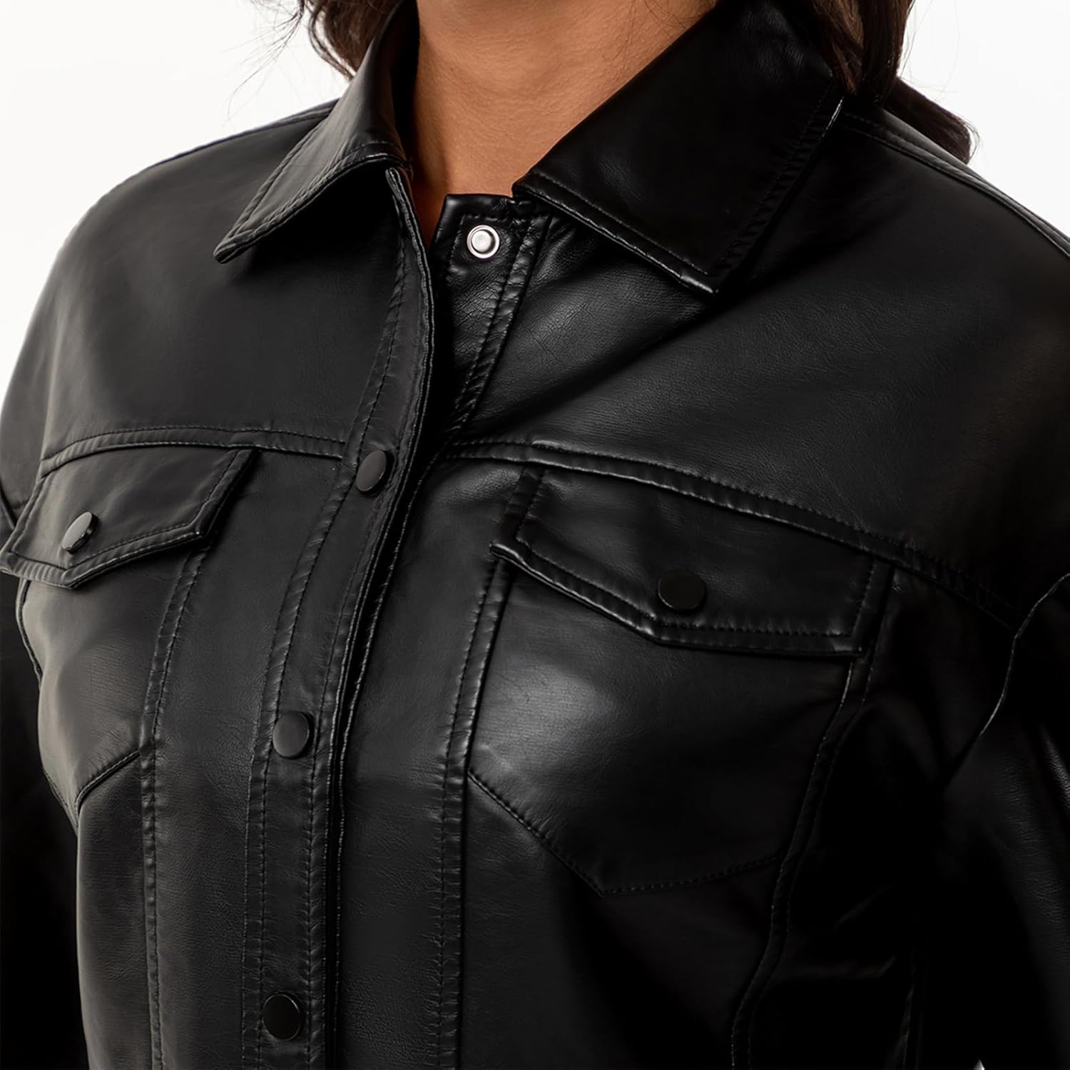Women's Faux Leather Jacket Classic Button-Down Style, Cropped Length with Front Pockets PU Moto Bike Outwear Coat - Image 5