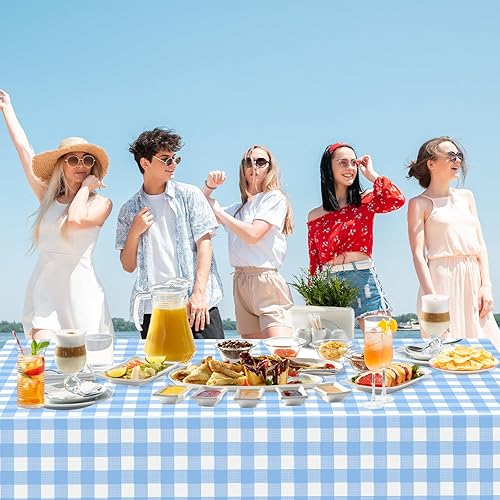 Miniatura 4 de Paquete de 2 manteles rectangulares de plástico a cuadros color azul claro y blanco, desechables, de plástico, para fiestas, picnic al aire libre,