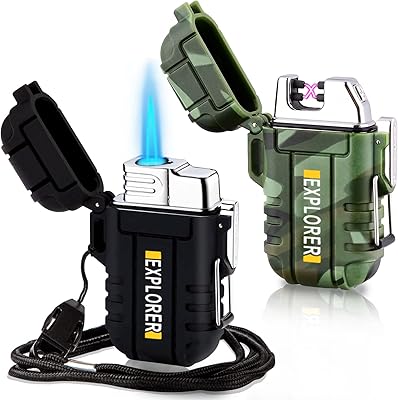 2 Pack Waterproof Lighter Outdoor Windproof Torch Lighter Dual Arc Lighter Butane Electric Lighter USB Rechargeable Lighte...