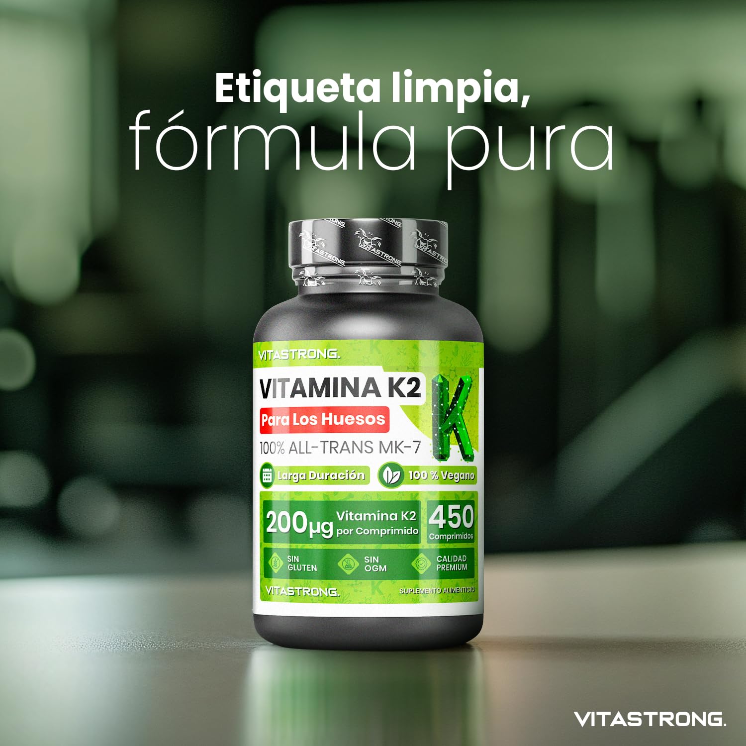 Vitamina K2 MK7 200µg Vitastrong Vegan, 1 Comprimido/Día (Suministro 15 Meses) 450 Comprimidos, All-Trans Alta Biodisponibilidad, Vitamina K2 (Menachinona) Sin Gluten, Lactosa, OGM