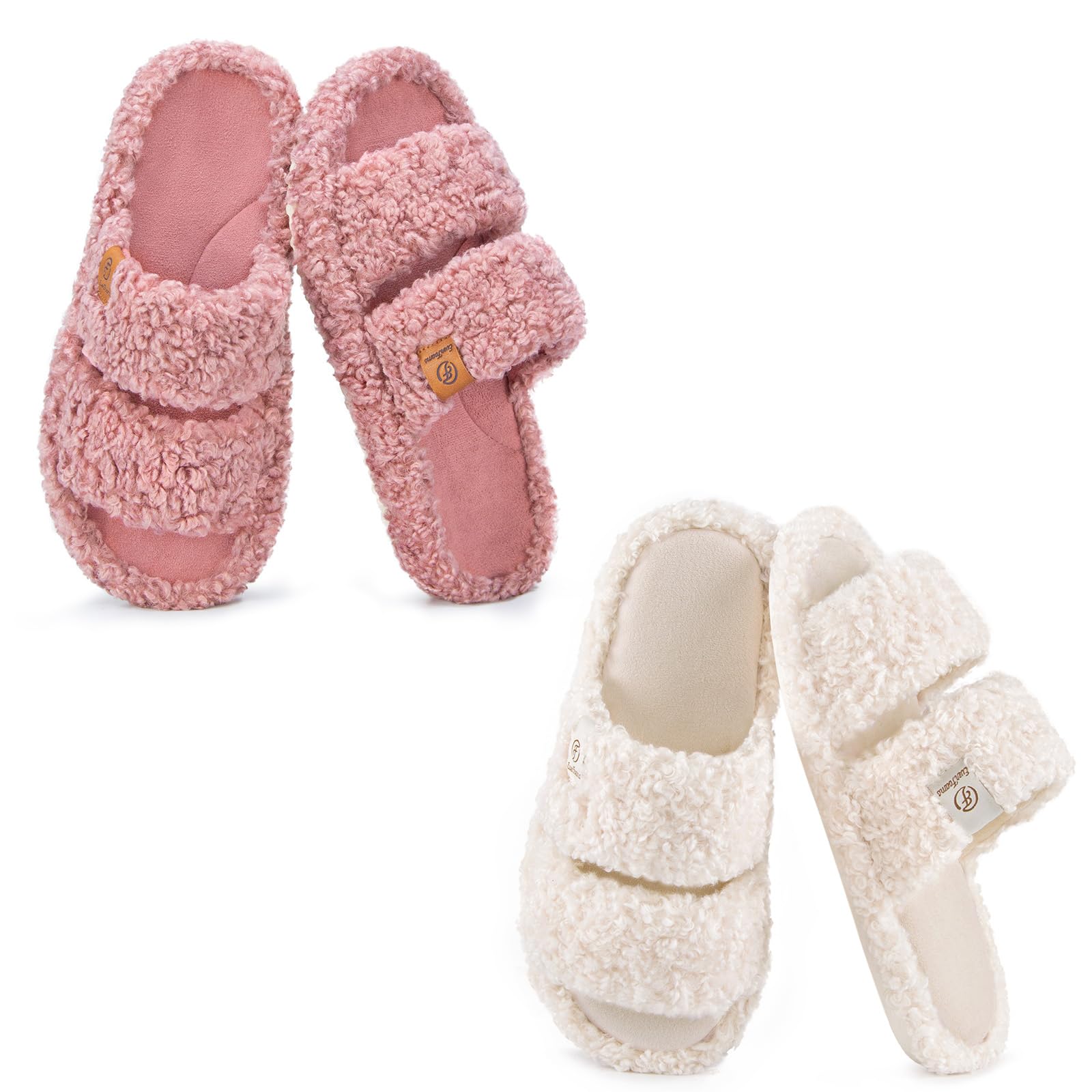 Women's Set of 2 Pairs - Fuzzy Open-toe Slippers (Size 9-10, Dusty Rose) - Fuzzy Open Toe Slippers (Size 9-10, Vanilla Ice)