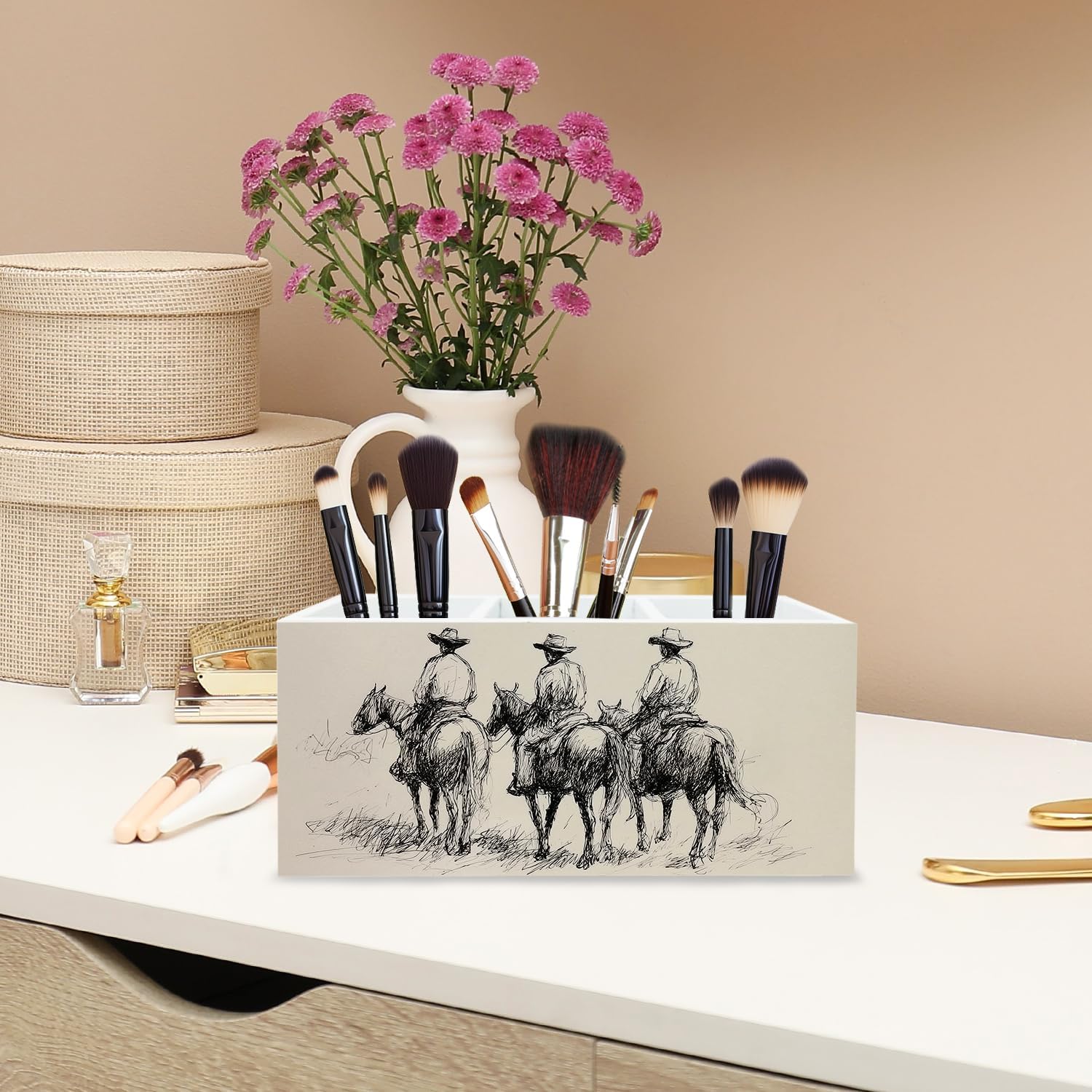 Vintage Western Office Decor Desert Cowboy Pen Holder for Desk,Cowboy Wooden Box Sign Desk Decor for Home Office Accessories,Western Gifts for Women Men image 3