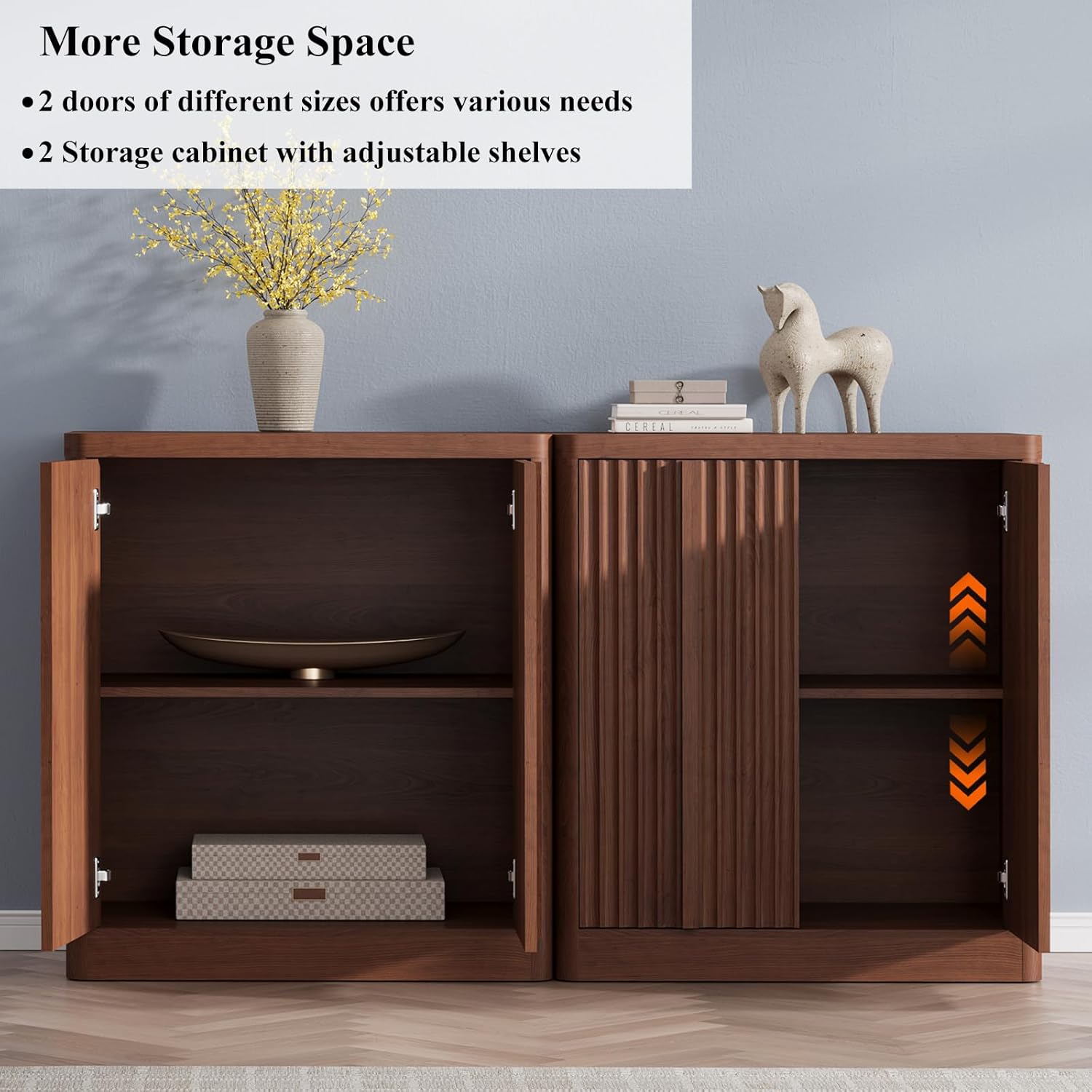 Fluted Buffet Cabinet with Storage, 31"Sideboard Buffet Cabinet with 2 Door, Modern Credenza Storage Cabinets with Adjustable Shelves, Solid Wood Handles for Kitchen, Dining, Living Room, Walnut(1PC)