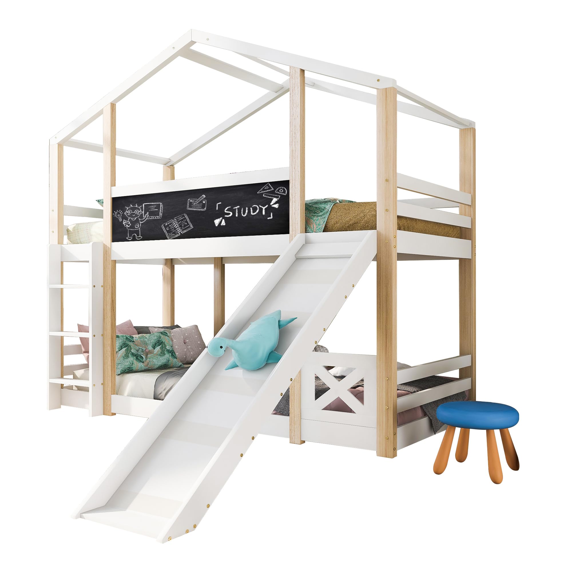 HESHU Kinderbett Etagenbett 90x200 cm, Hausbett mit Rutsche und Tafel, Hochbett für 2 Kinder, Funktionsbett Stockbett mit Lattenrost, Weiß+Natur, ohne Matratze