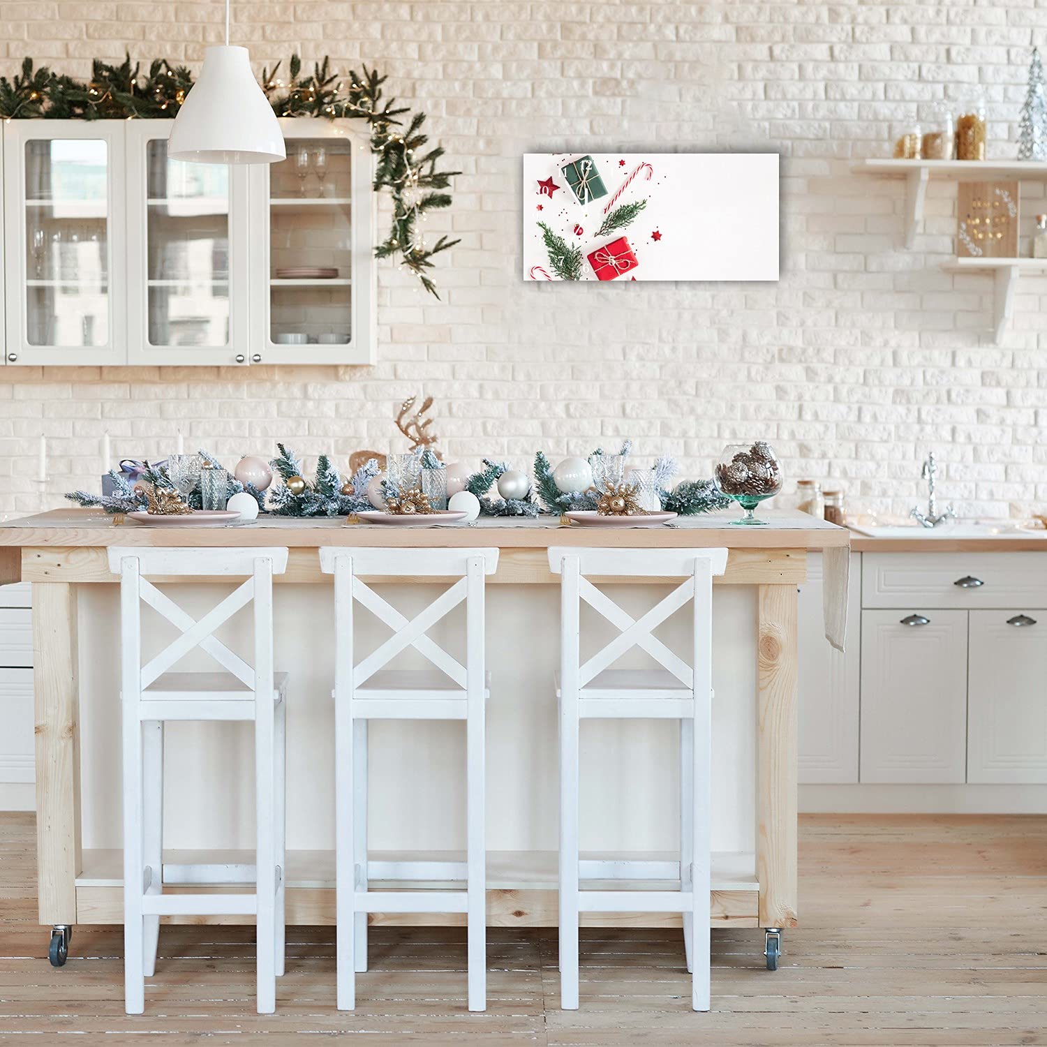 Tulup Zegar Świąteczny Poziomy Prostokatny 60x30cm Białe Wskazówki Szklany Zegar Na Ścianę Ze Szkła Dekoracja Świąteczna Boże Narodzenie Święta Prezent Ścienny - Prezent Słodycze Bombki