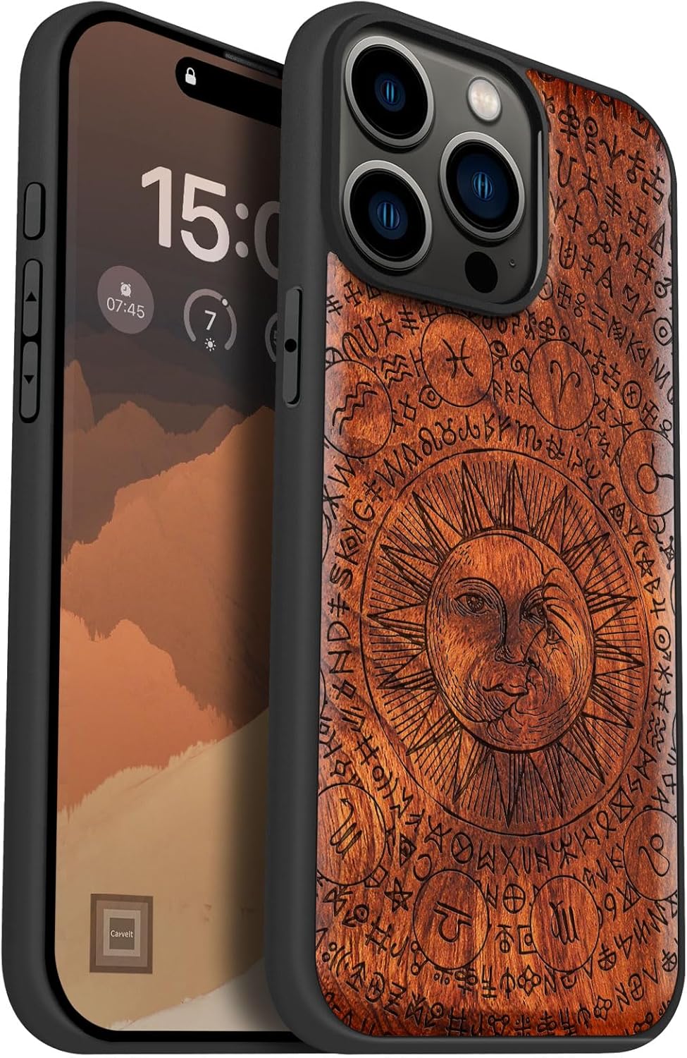 Carveit Magnetic Wooden Case for iPhone 15 Pro Max Case, Compatible with MagSafe Wireless Chargers, Black Soft TPU Shockproof Cover & Wood Artisan Engraved (Sun and Moon) - Rosy