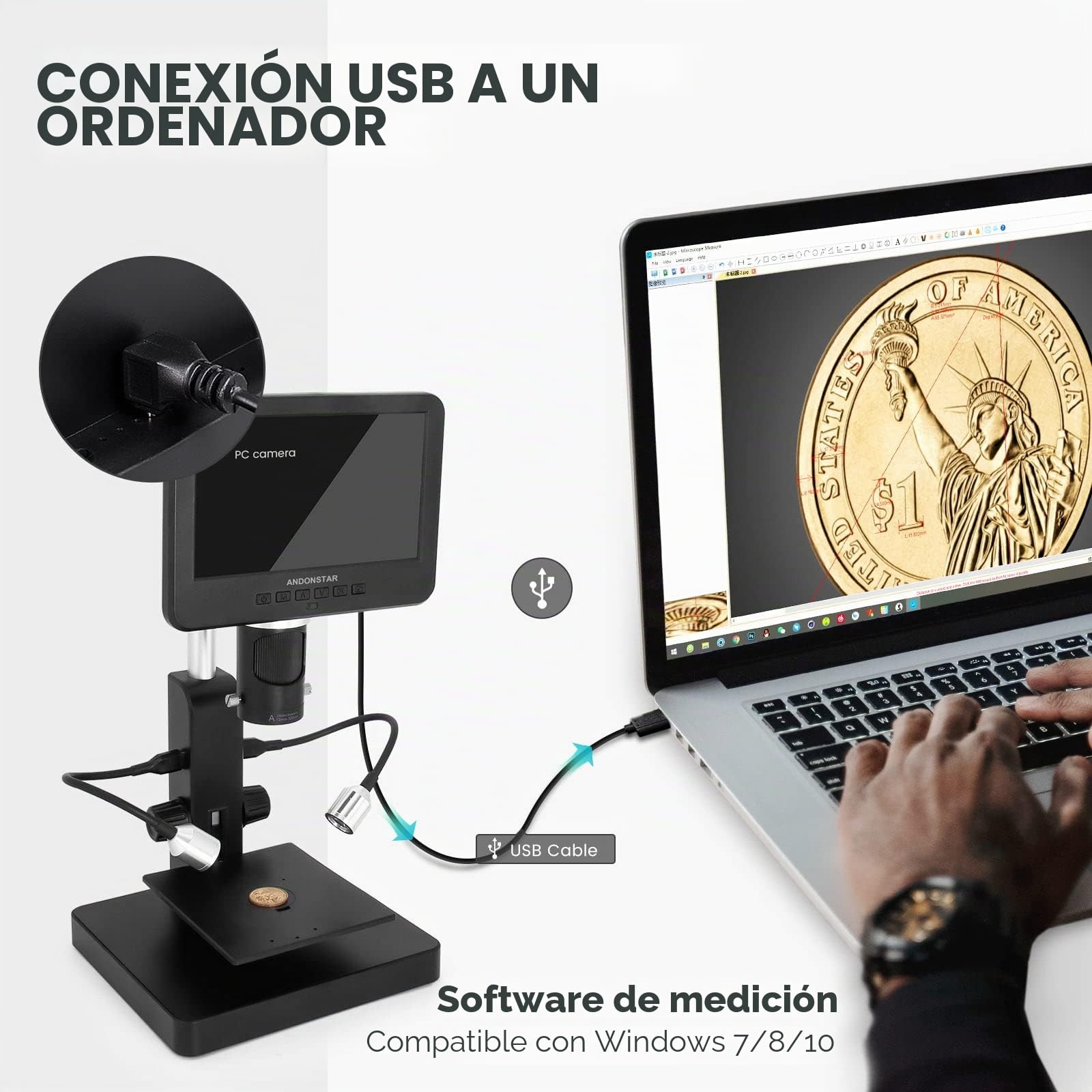 Andonstar AD246S Microscopio Digital HDMI con Pantalla de 7 Pulgadas, microscopio biológico de Tres Lentes 4000X, Kit de microscopio de Monedas para niños y Adultos, grabación de Foto/Video