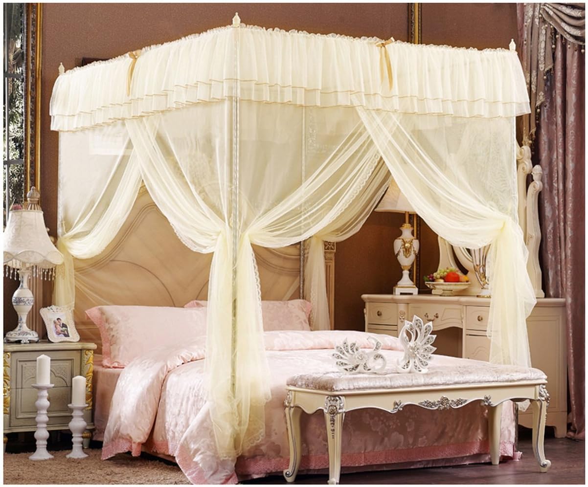 Beige Lace Luxury Four Corner Square Princess Bed Canopy (Twin XL)