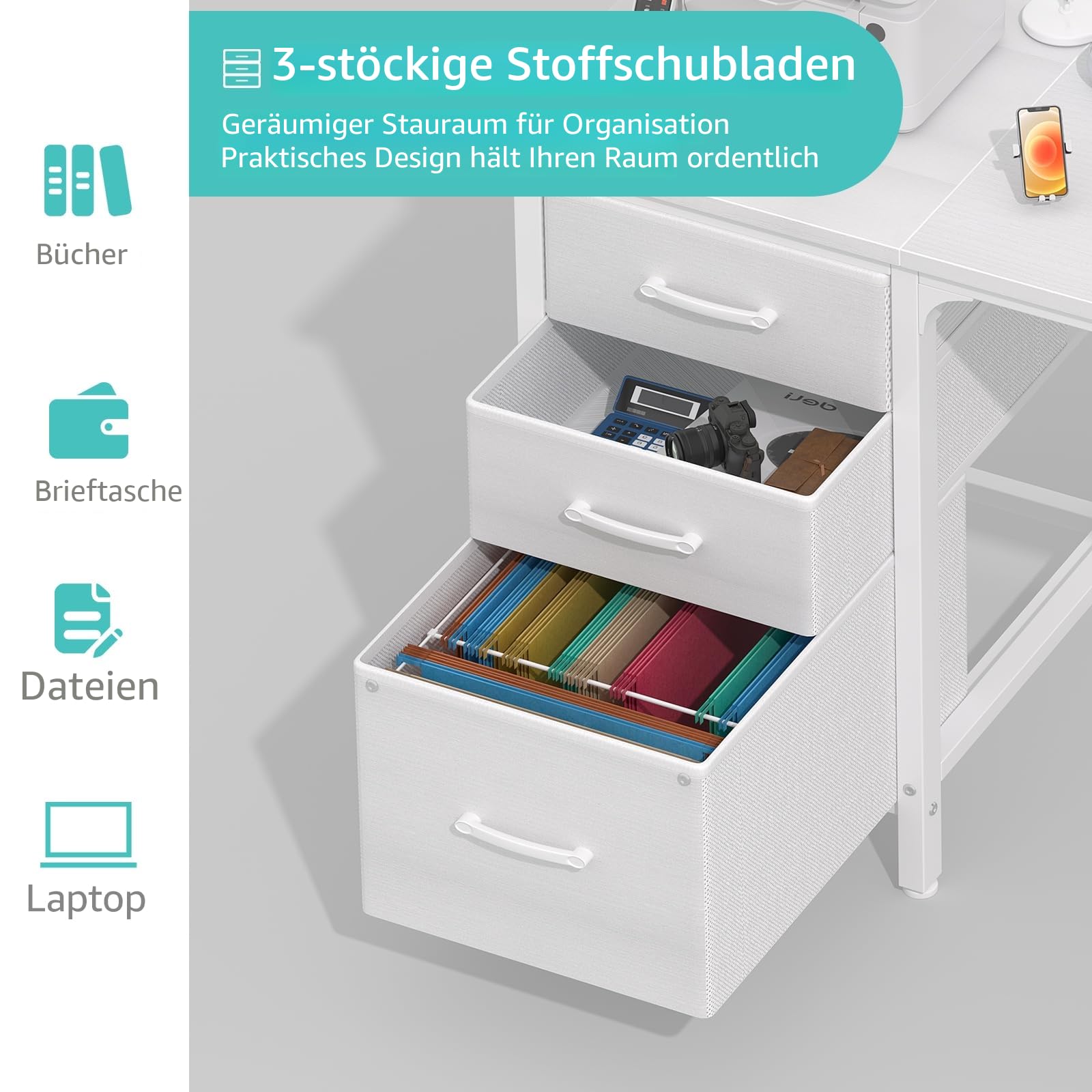 Lufeiya Schreibtisch mit 3 Schubladen Klein Schreibtisch weiß 120x50cm Computertisch mit Stauraum Bürotisch Für Wohnzimmer Office Mädchen