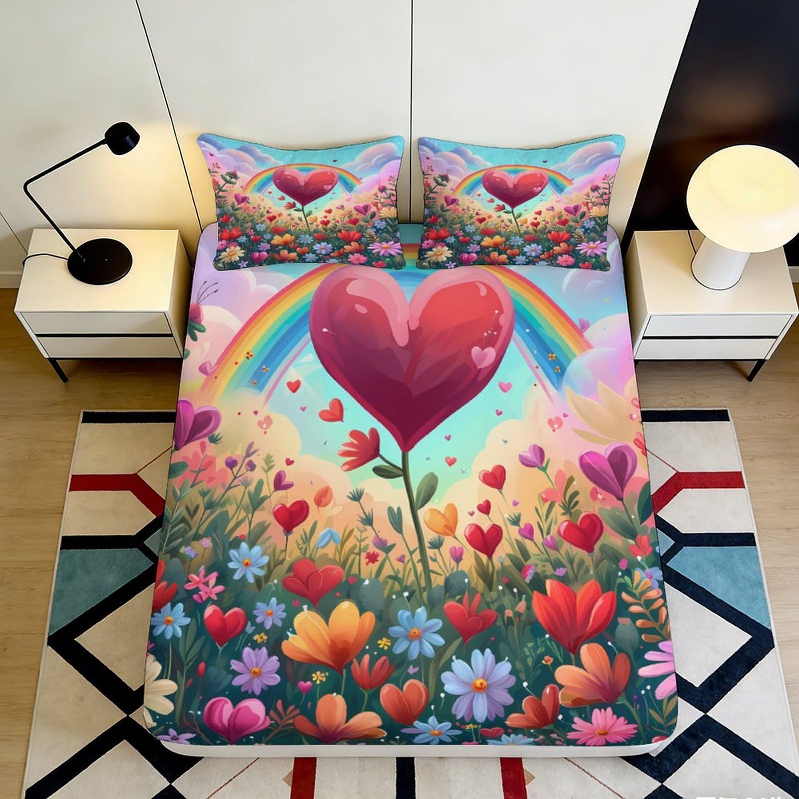 3D Printed Rainbow Heart Fitted Sheet Microfiber Soft Floral Love Bed Cover for Bedroom Guest Room Easy Care 90x200x25cm