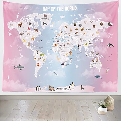 Miniatura 9 de BELECO Tapiz de mapa del mundo infantil para colgar en la pared, diseño de animales de dibujos animados, para dormitorio, sala de estar, dormitorio
