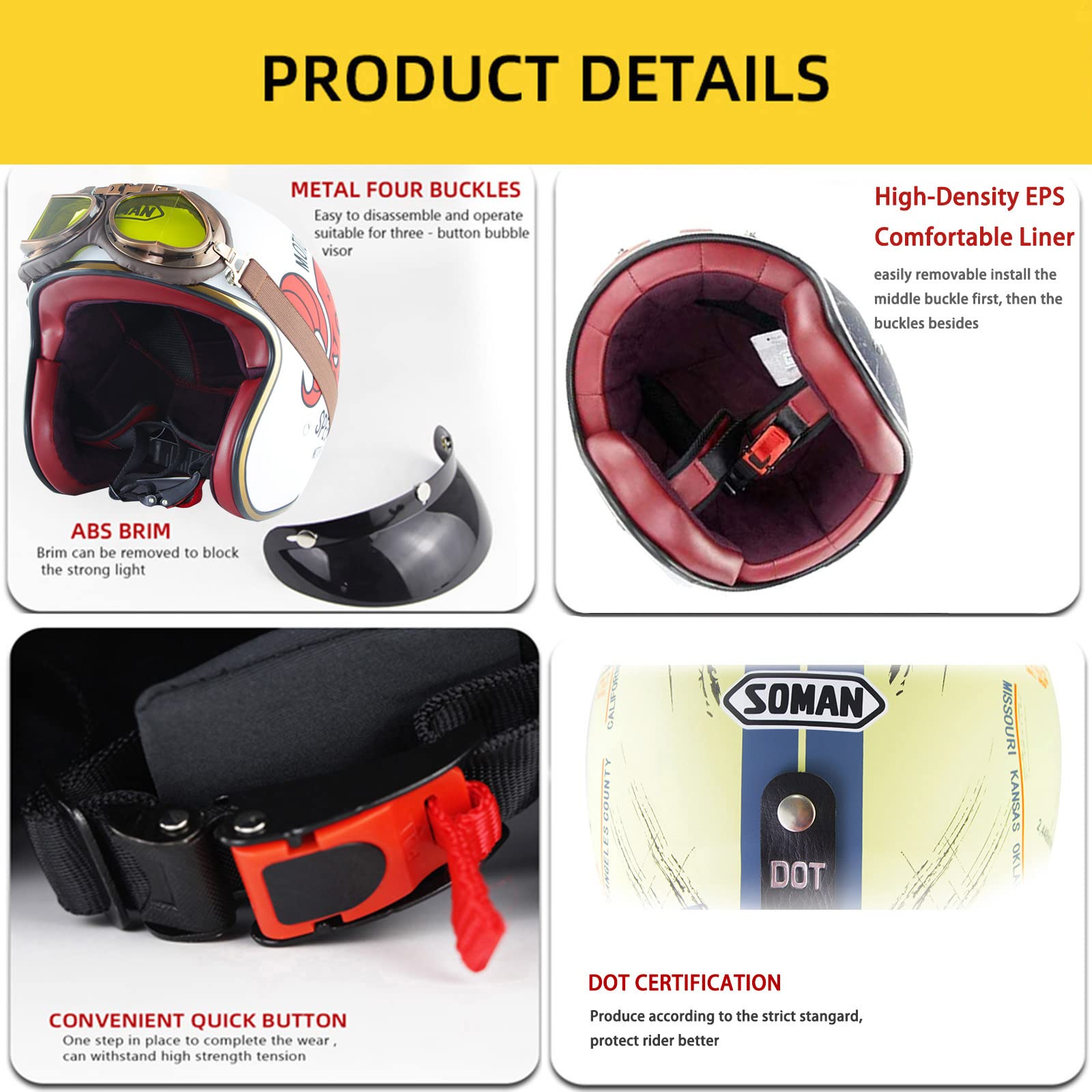 Casques De Moto Jet Vintage À Visage Ouvert Pour Hommes Et Femmes Rétro 3/4 Moto Chopper Cruiser Biker Pilot Crash Casque Casques Certifiés ECE , Avec Lunettes Pare-Soleil B,L