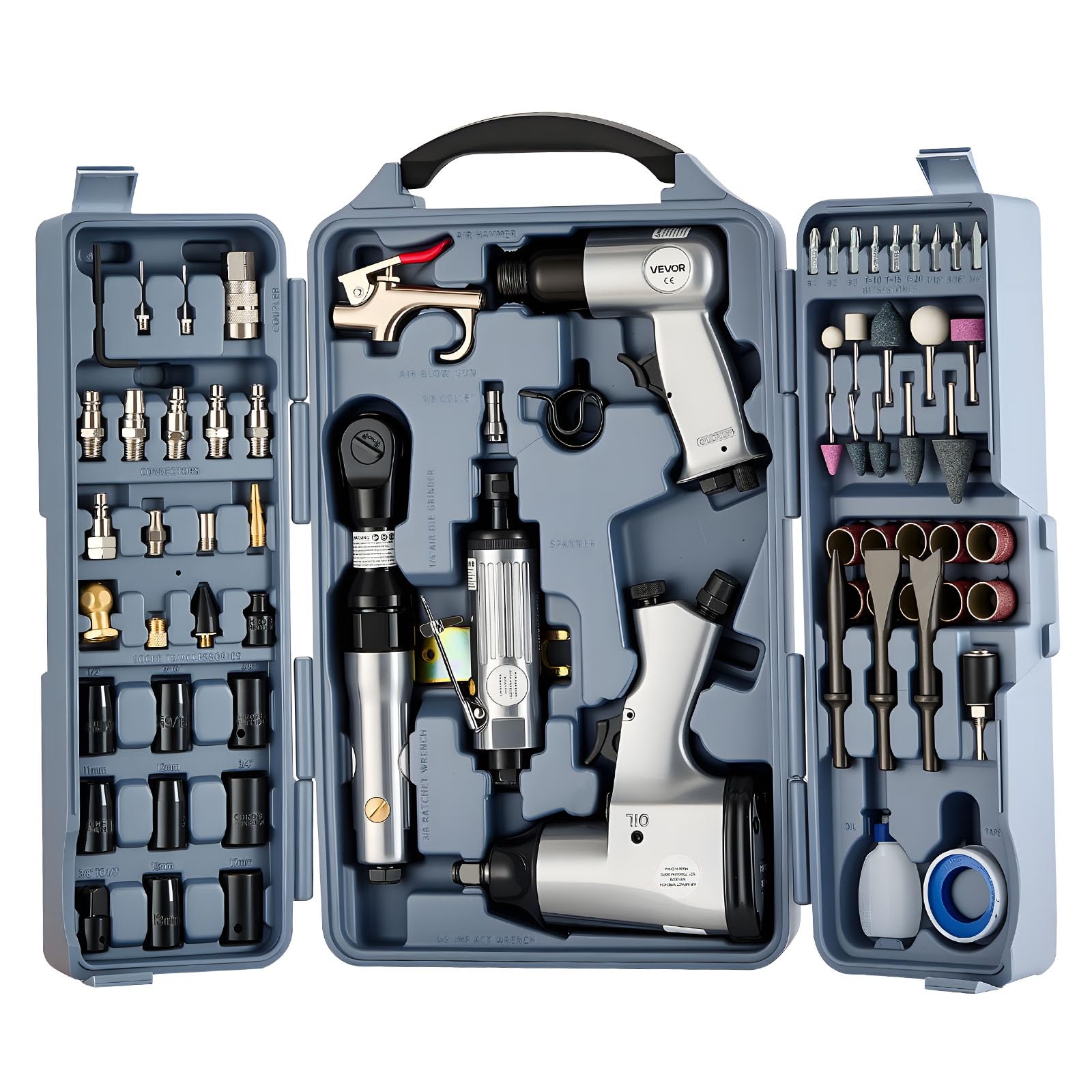 VEVOR 71 Pieces Pro Air Tool and Accessories Kit - 1/2" Air Impact Wrench, 3/8" Ratchet Wrench, 1/2" Die Grinder, 4500BPM Hammer, Blow Gun for Auto
