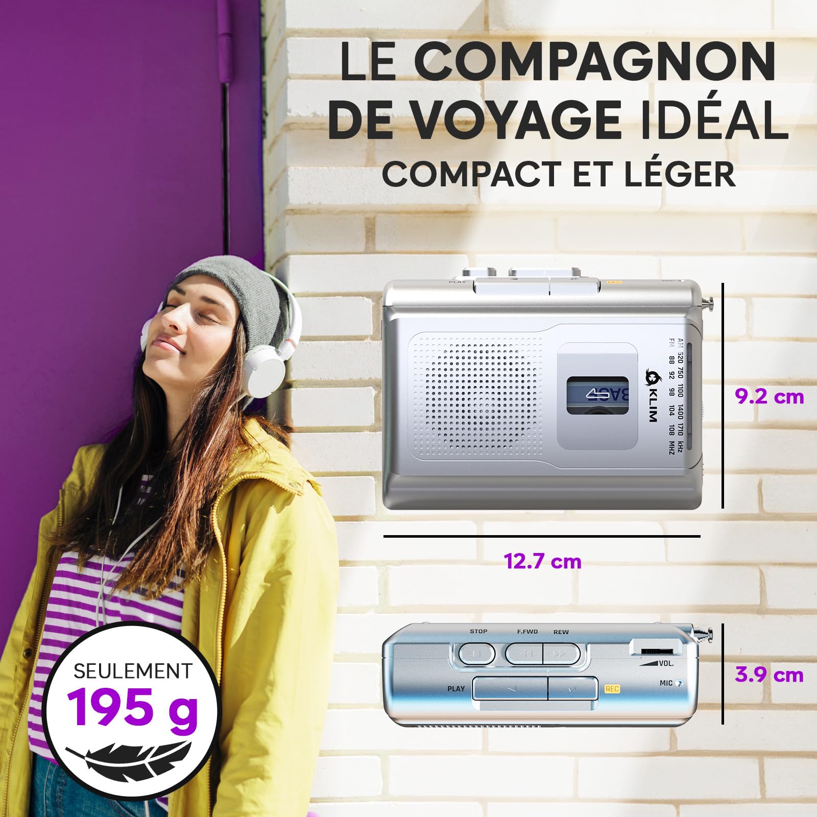 KLIM K8 Lecteur Cassette Audio - Enregistreur Cassette - Nouveau Player - Radio AM/FM - Microphone et Haut-Parleur Intégrés - Prise Casque et Écouteurs - Argent