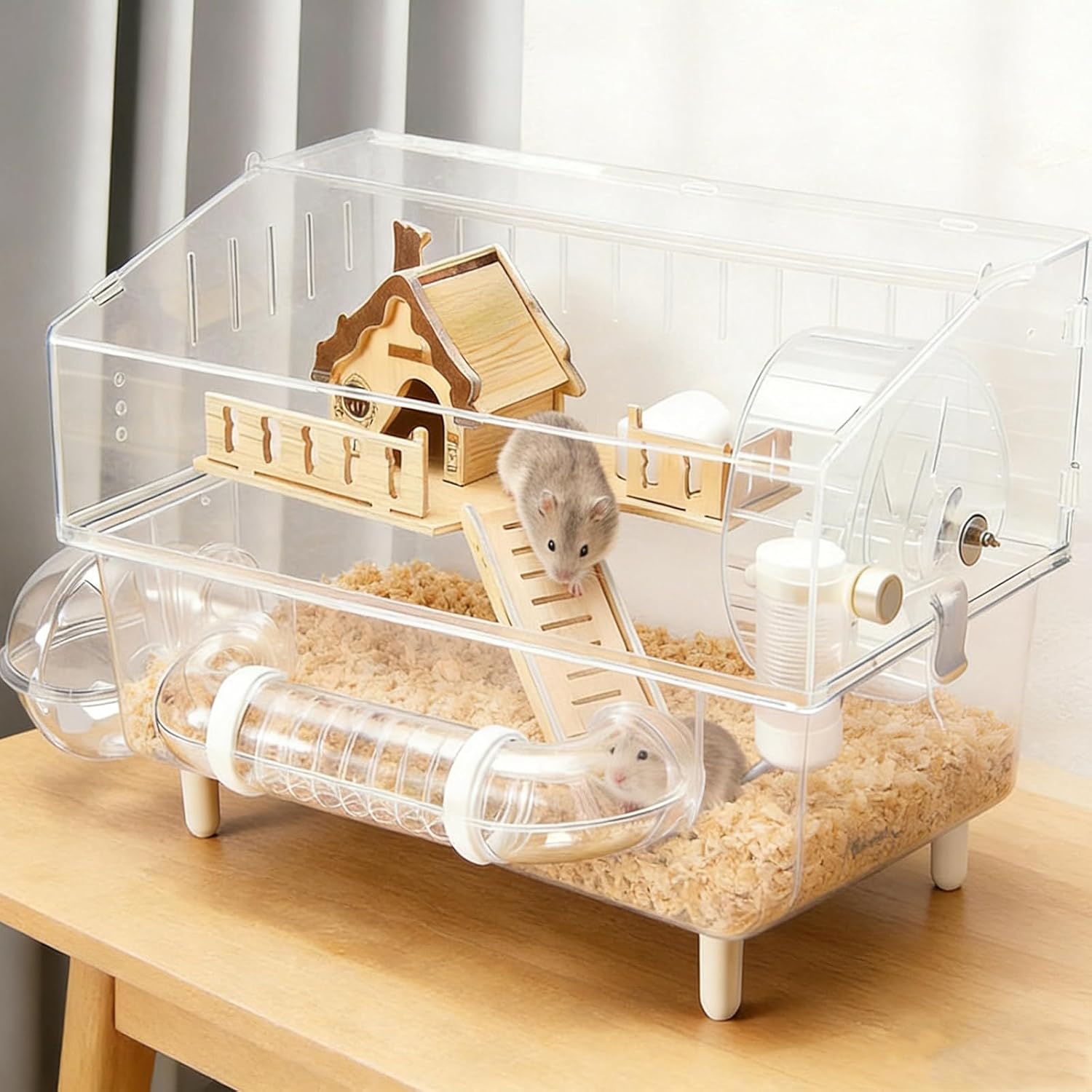 8-in-1 Clear Acrylic Hamster Cage, Mouse Cage, Dwarf Hamster Cage, Gerbil Cage - All-in-One Hamster Habitat with Complete Accessories, 18×12×13" for Dwarf Mice, Gerbils Small Animals