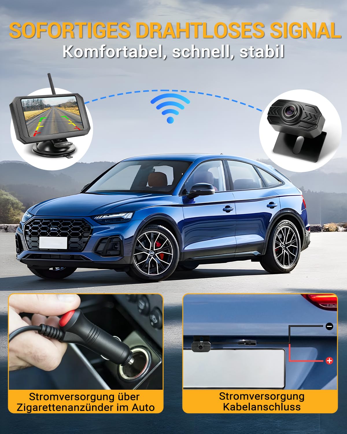 5" 1080P Rückfahrkamera mit Monitor Rückfahrkamera Kabellos Einparkhilfe hinten Kamera mit Monitor und Zigarettenanzünderschalter für Auto, LKW Van SUV IP69 Wasserdicht