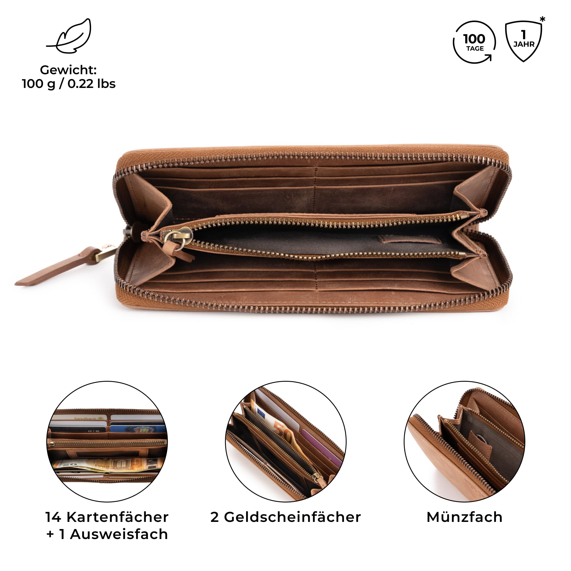 Berliner Bags Vintage Geldbörse Palma, Große Portemonnaie, Geldbeutel aus Leder, mit TÜV-geprüftem RFID-Schutz, inkl Geschenk-Box, für Damen - Braun