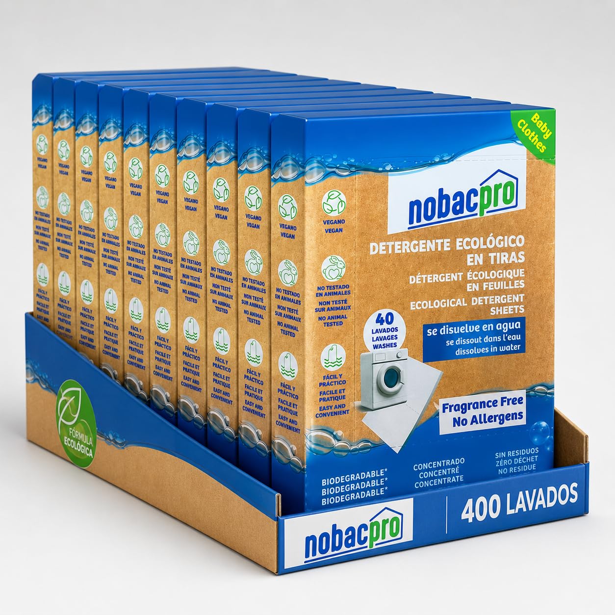 Detergente en Tiras para Lavadora | Hasta 400 Lavados - 200 Tiras | Olor Free Fragance | 100% Ecológico | Hipoalergénico y vegano | No contiene plásticos | Fabricado en España | Sin Plásticos, Hipoalergénico y Vegano, Sin Fosfatos ni Parabenos, Fabricado