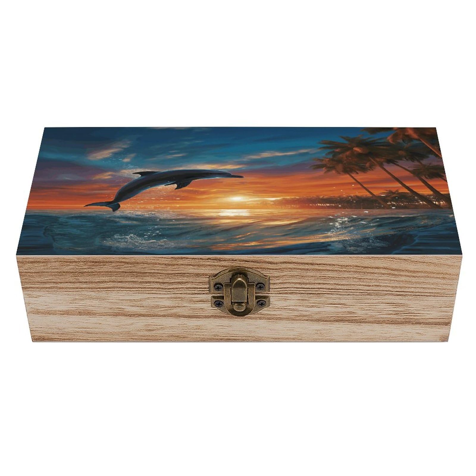 asbwuo Dolphins And Palm Trees Wood Keepsake Box Wooden Box with Hinged Lid