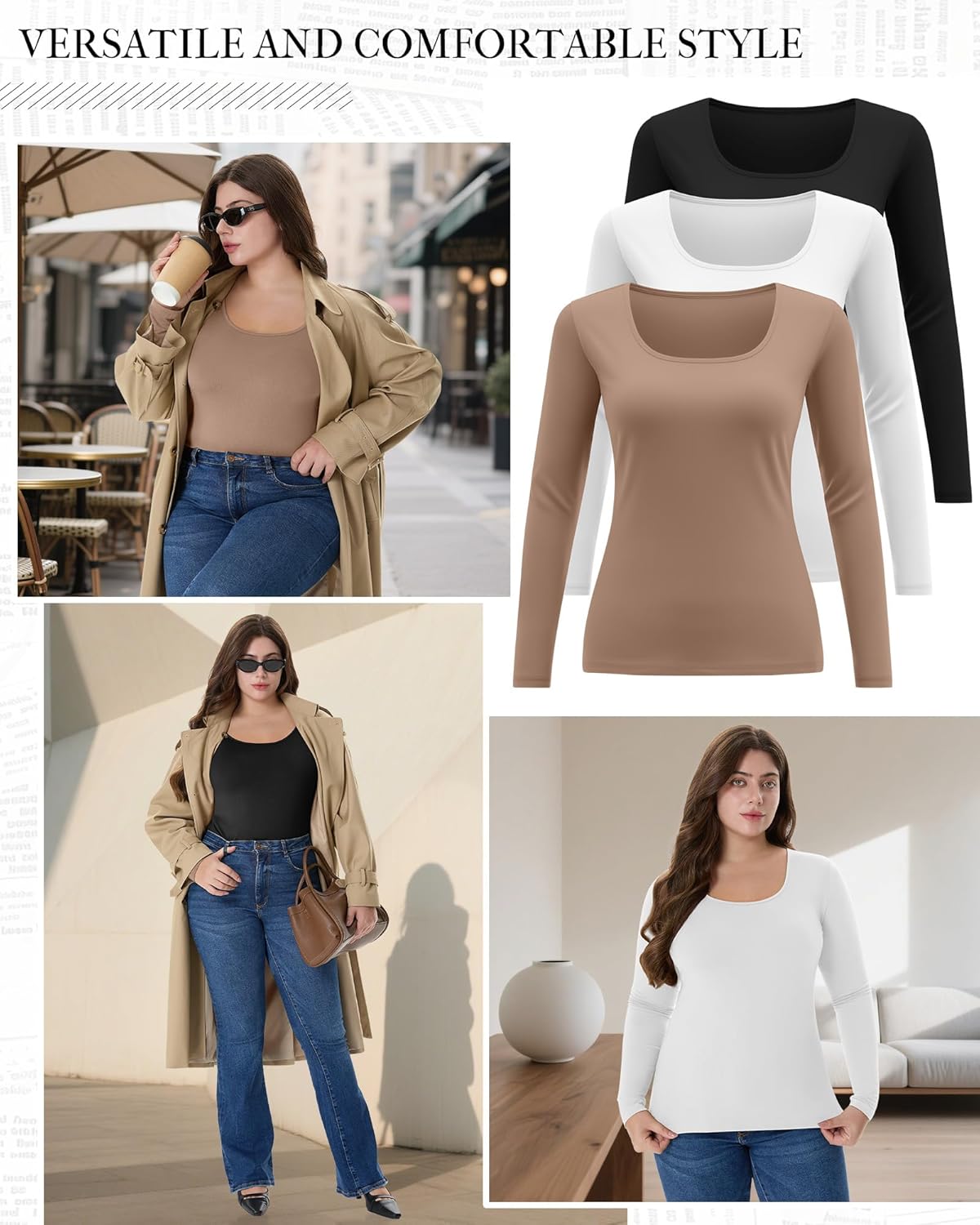 3 Packs Women Plus Size Tops Shirt Cotton Long Sleeve Scoop Neck T Shirts Slim Fit U Neck Comfy Casual Basic Tees