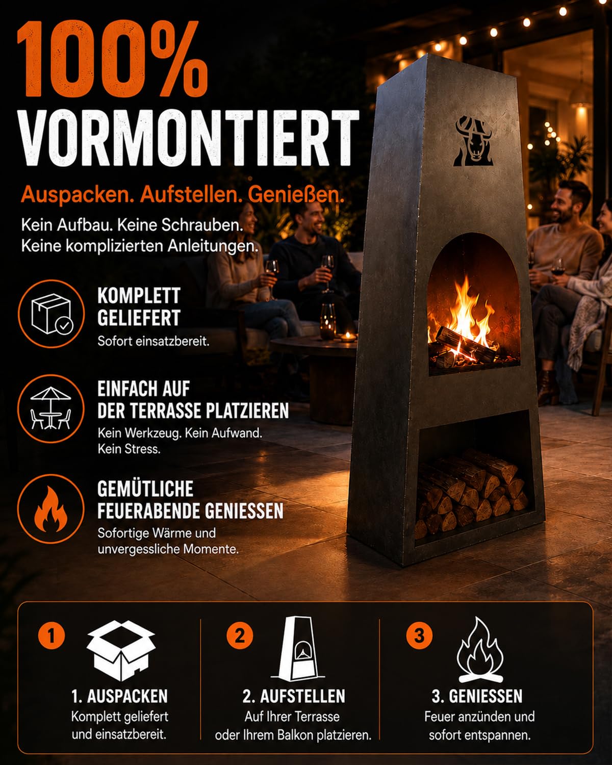 Komplett montierter Gartenkamin, Cortenstahl-Terrassenofen