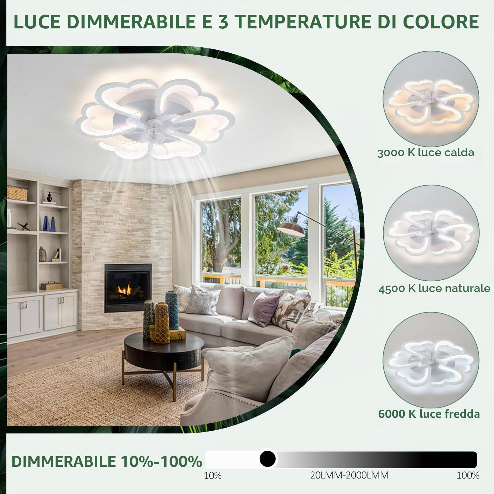 Ventilatore da Soffitto con Luce e Telecomando Silenzioso, Lampadario Ventilatore da Soffitto LED Dimmerabile 6 Velocità 72 W, Plafoniera Creativa a Forma di Fiore in Acrilico con Ventola-White