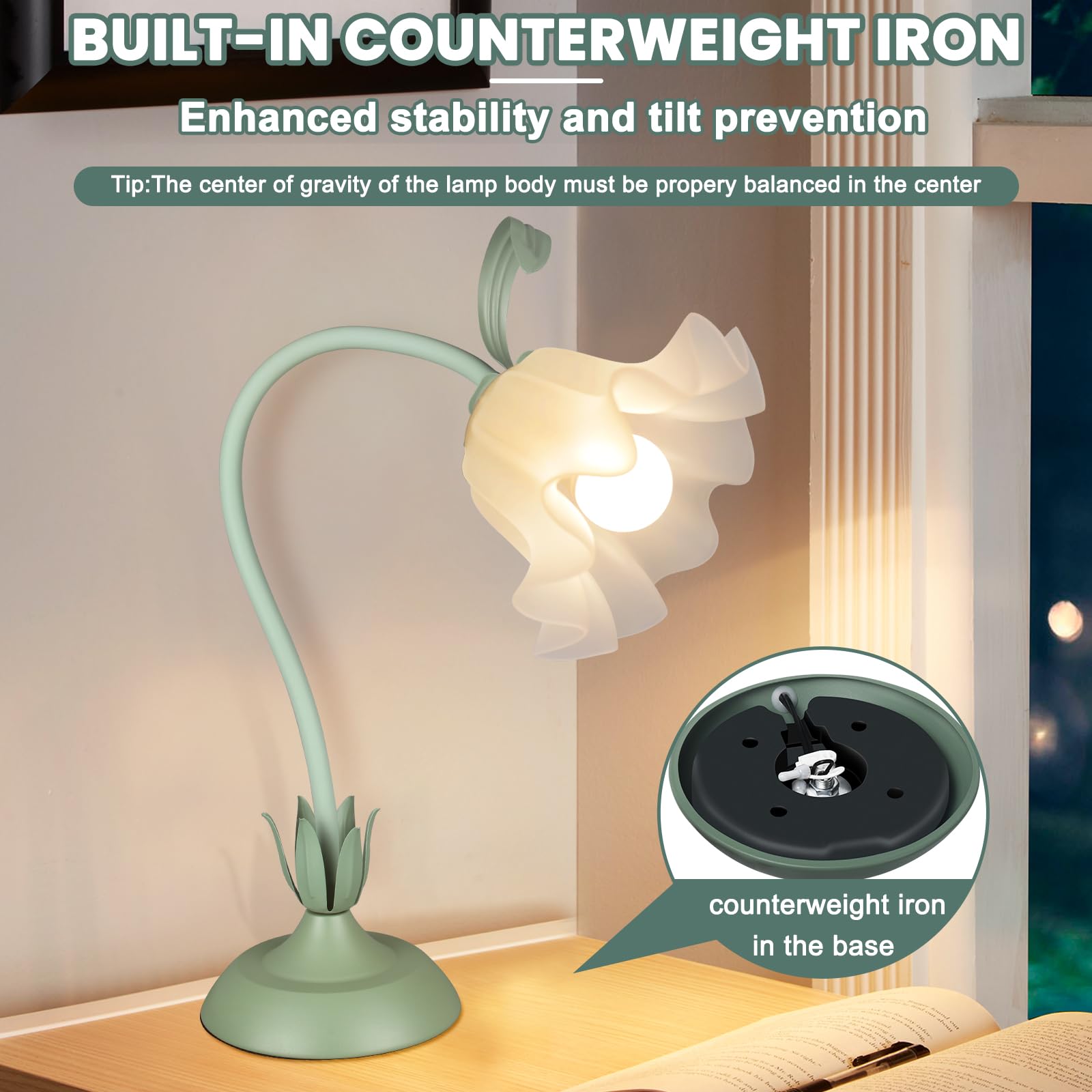 Lámpara de escritorio de flores, luz de lectura LED, luz nocturna de flores vintage, 3 modos de colores, lindas lámparas de noche, decoración de sala de estar, dormitorio, habitación, iluminación 4