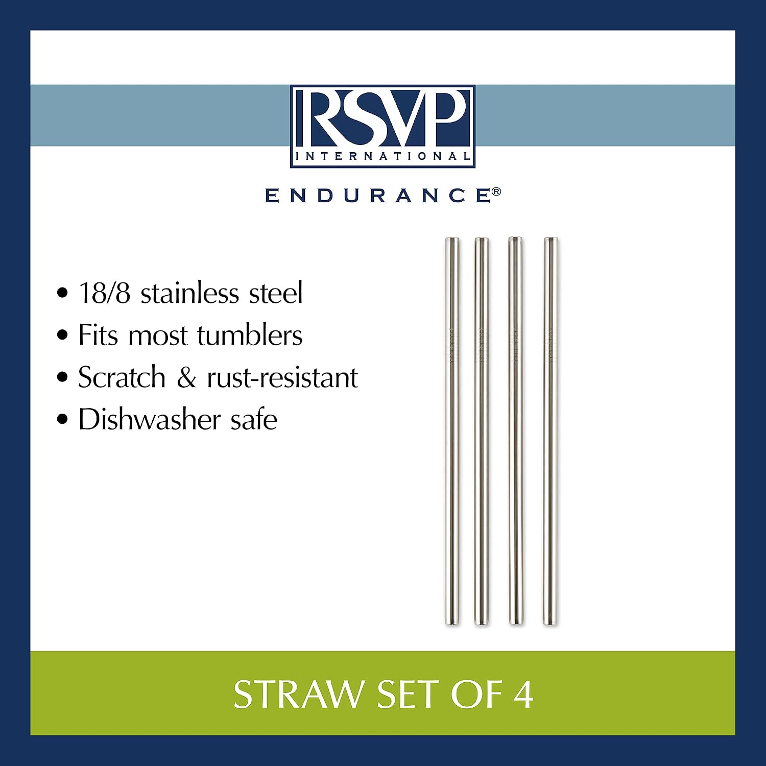 RSVP International Reusable Straw Set Dishwasher Safe, 8.5 Inch, 4 Piece, Stainless Steel Straight