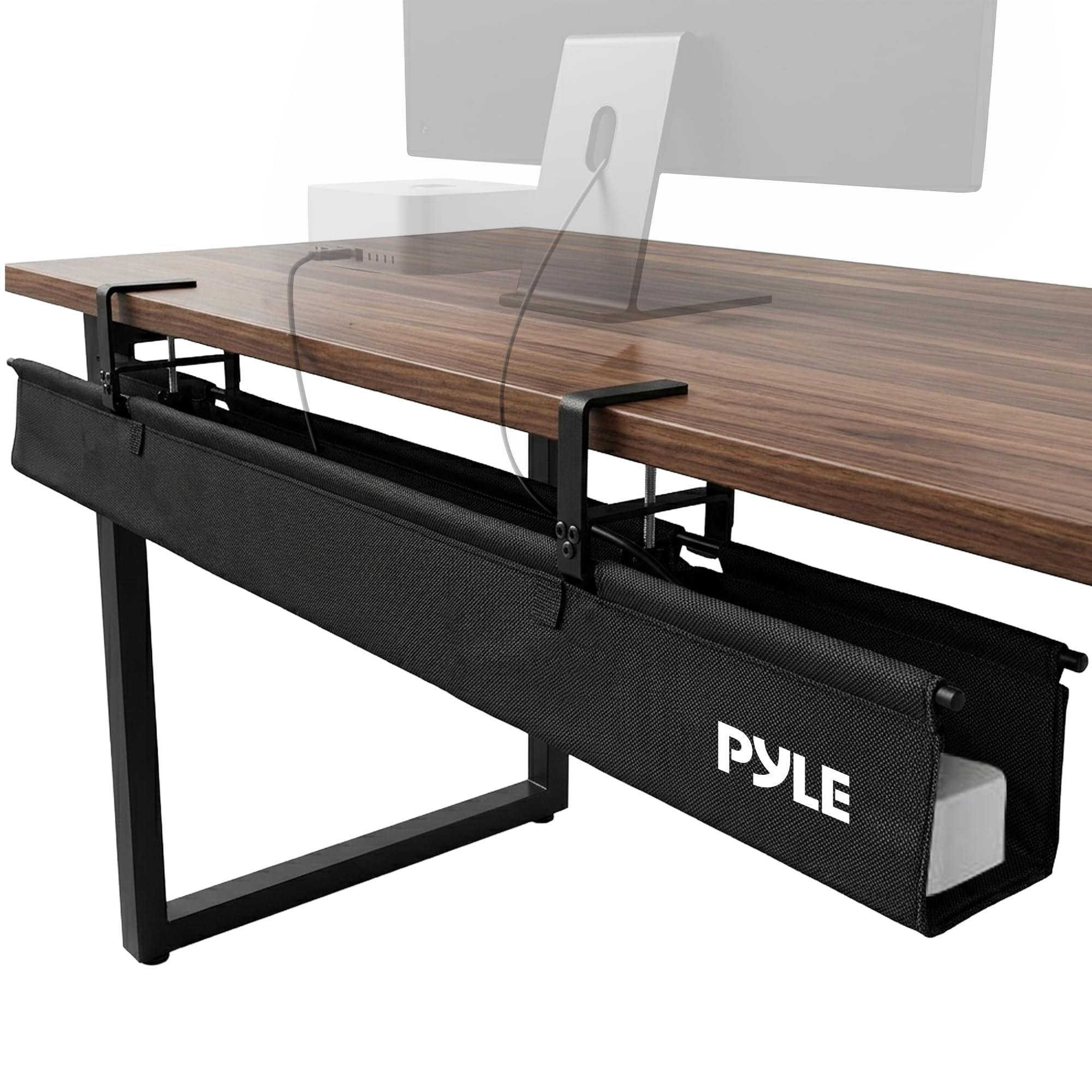Pyle Vassoio per la gestione dei cavi da 122 cm, organizer per cavi sotto la scrivania con morsetto o montaggio a vite, organizer per cavi da scrivania con design in tessuto per grandi postazioni di