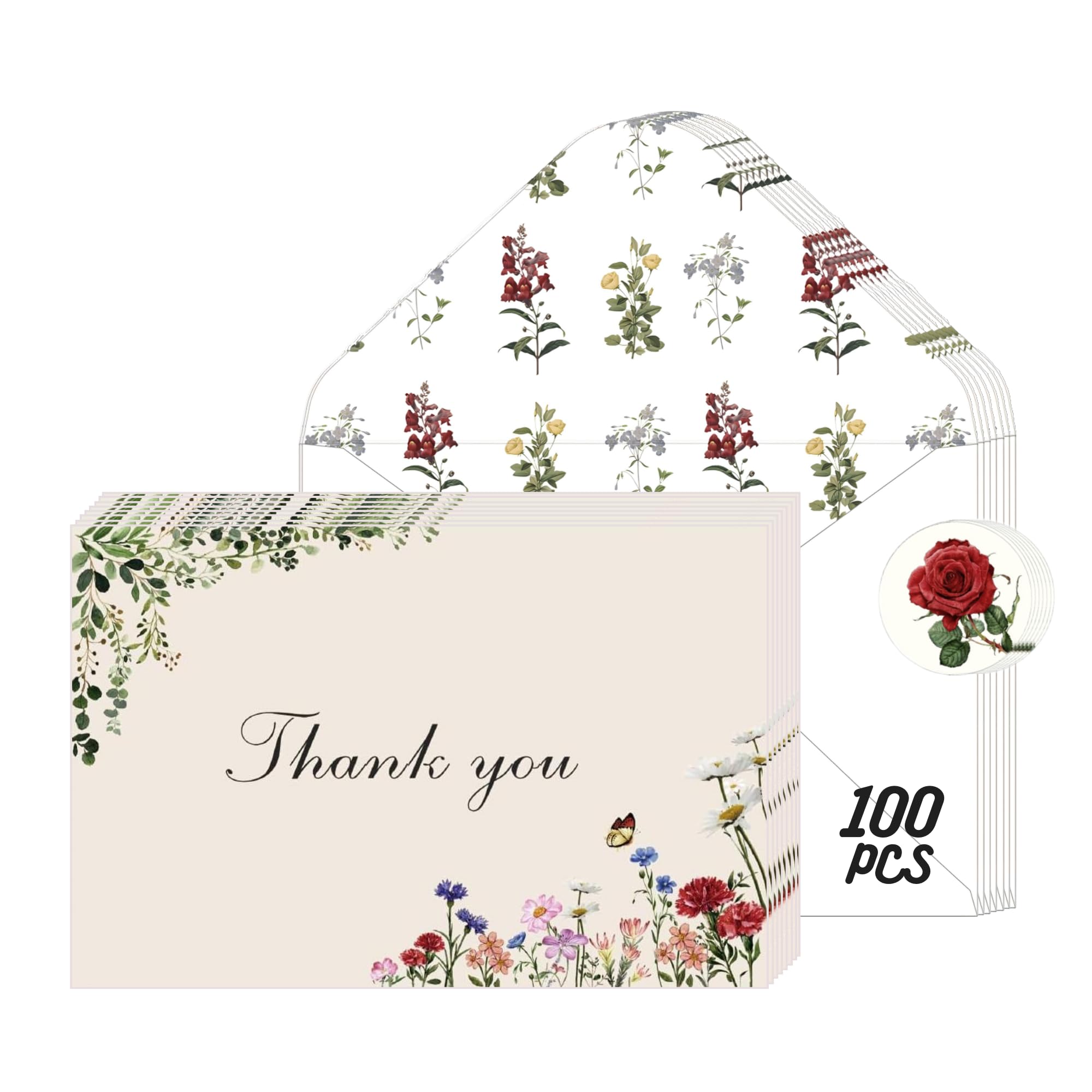 Paquete de 100 tarjetas de agradecimiento de flores vintage de 4 x 6 pulgadas con sobres, elegante diseño floral, tarjetas de agradecimiento en blanco a granel para cumpleaños, boda,