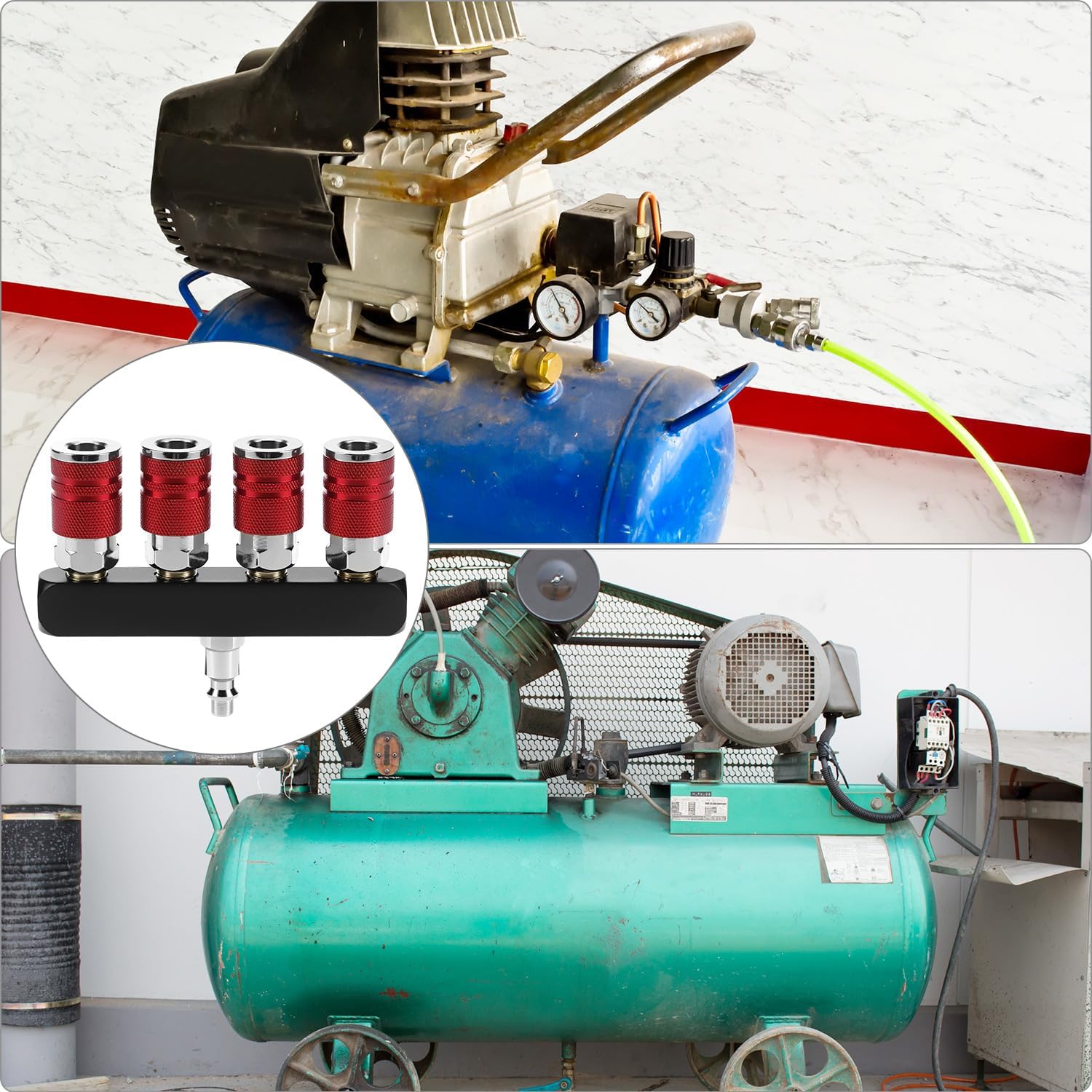 QWORK 4-Way Straight Air Manifold, 5 Ports, 1/4" NPT, Aluminum Line Type Air Compressor Splitter with 4 Couplers & Plugs