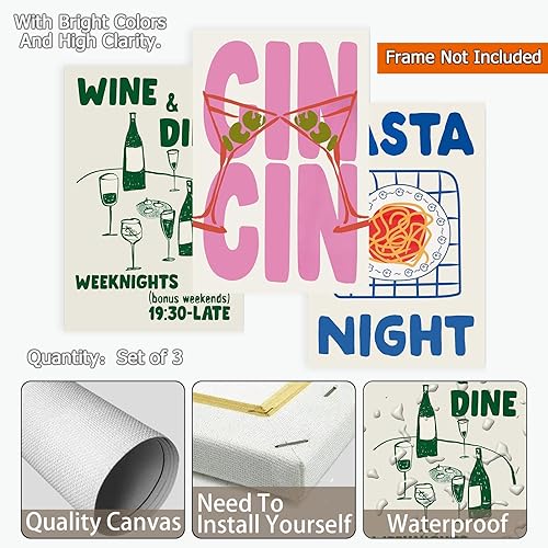 Miniatura 7 de Juego de 3 impresiones de moda de Cin Cin Cin Cheers Pósters Vintage Wine Dine Club Arte de pared de mediados de siglo, pasta moderna de noche,