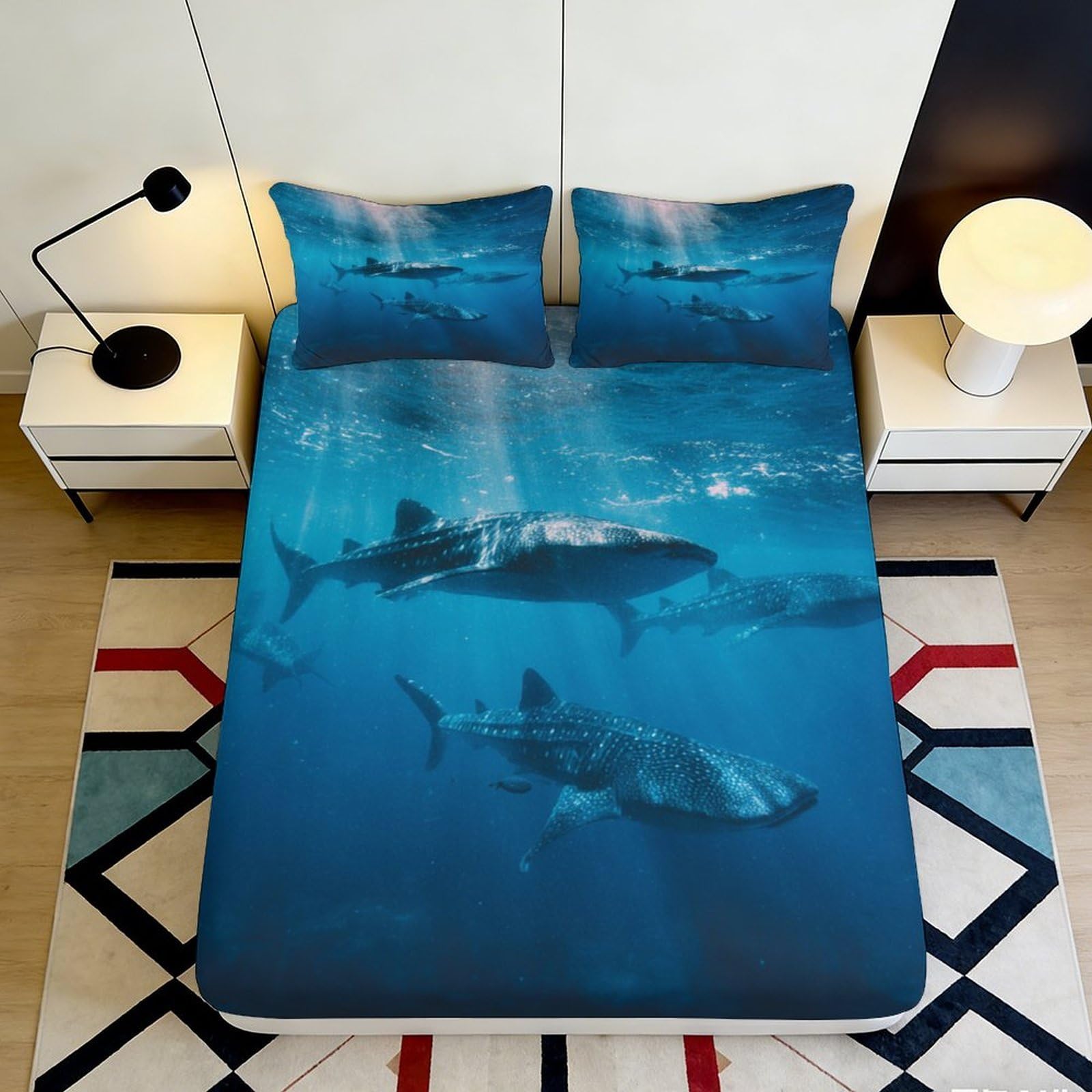 3D Printed Whale Shark Ocean Fitted Sheet Microfiber Blue Underwater Mattress Cover Bedroom Dorm Decoration 120x200cm 120x200x25cm