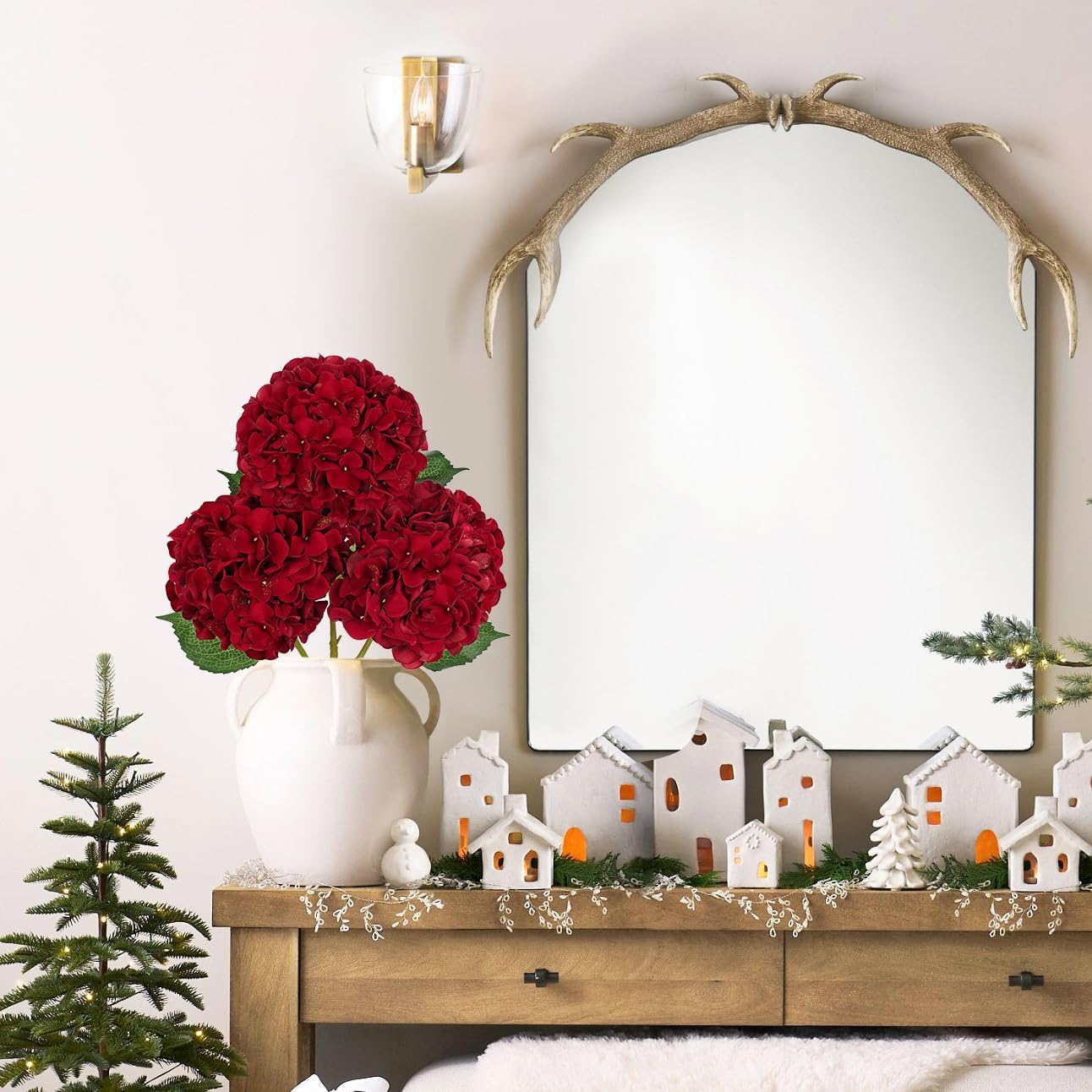 Hollyone 3Pcs Christmas Red Hydrangea Artificial Flowers 7.8inch Burgundy Hydrangeas Glitter Faux Hydrangea Flowers with Stems Fake Flower Arrangements Bouquets Floral Party Xmas Home Decor Large - Image 5