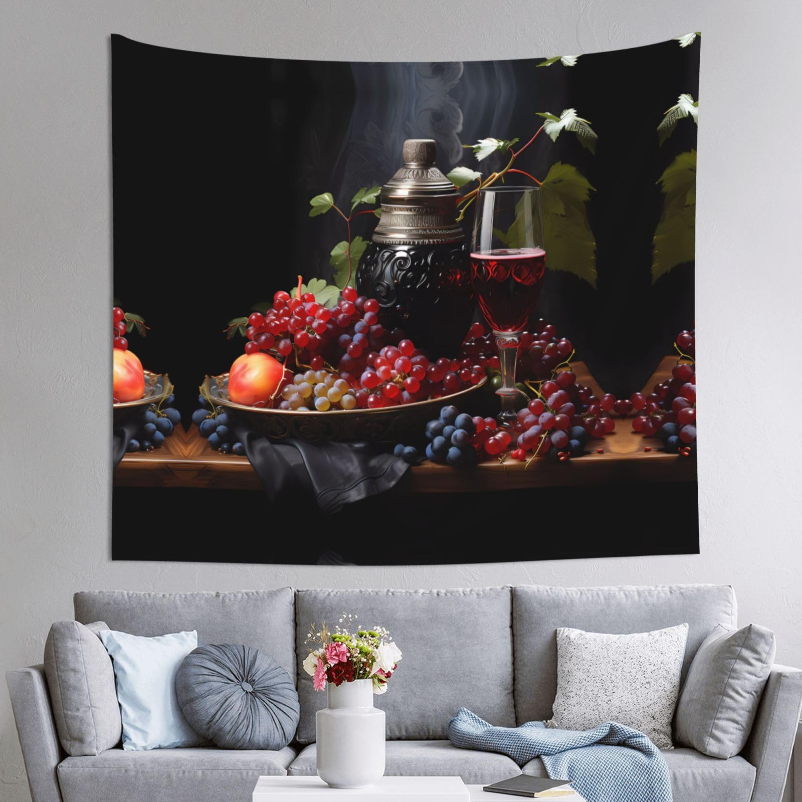 HLSBSSL 60x51in Grapes and Wine Printed Tapestry Tablecloth for Dormitory and Picnic Rooms - Multifunctional Fabric Hanging