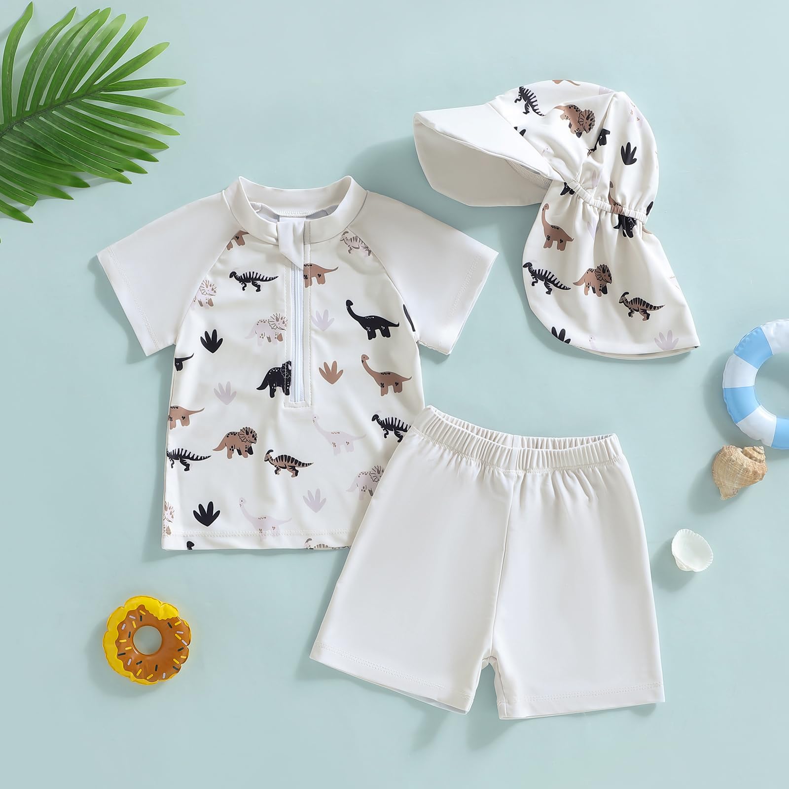 Garçon Maillot de Bain à Manches Courtes et Fermeture Eclair et Bonnet Ensemble Garçon Maillot de Bain à Manches Courtes Imprimé pour Eclair + Pantalon + Chapeau