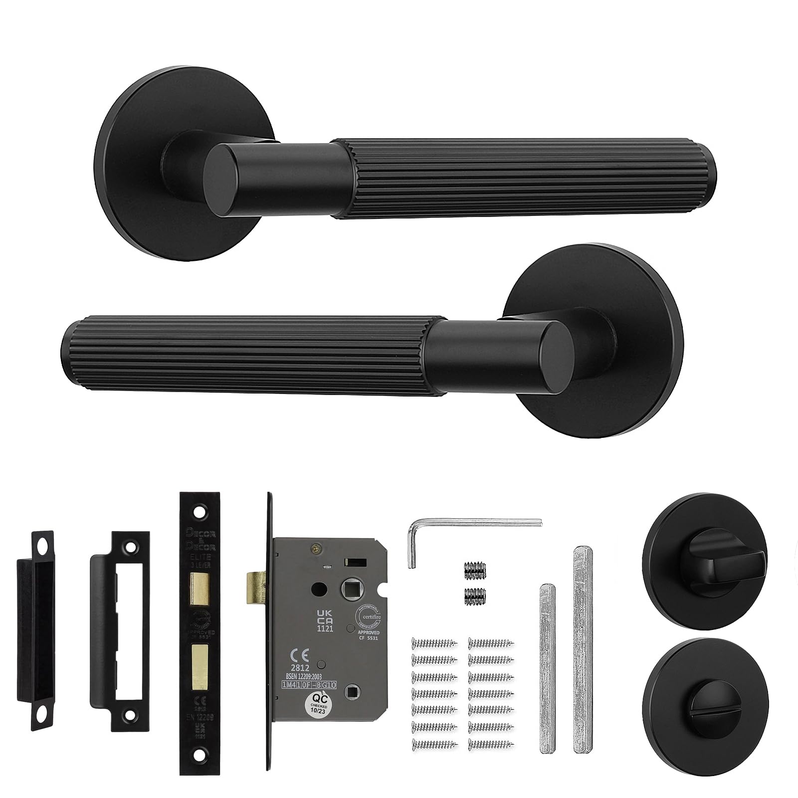 Decoranddecor Hera Black Door Handles Internal - Aluminium Matt Black Door Handle Sets for Wooden Interior Doors - Internal Door Handles with Bathroom Door Lock