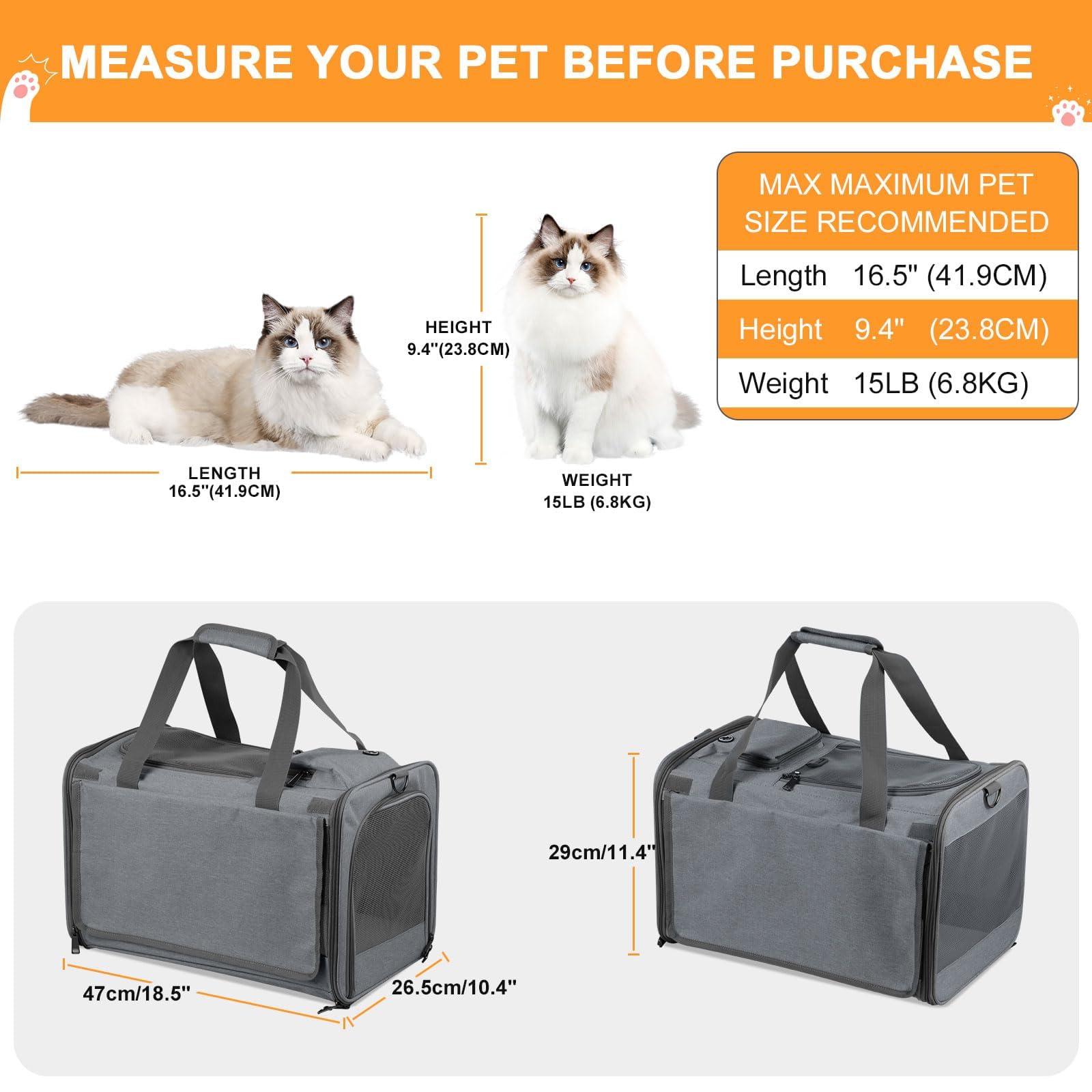 Qoosea Trasportino per Gatti e Cani Portatile e Ripiegabile Trasportino per Animali, Portatile Borsa per Trasporto per Gatto e Cane di Piccola e Media Taglia (Grigio)