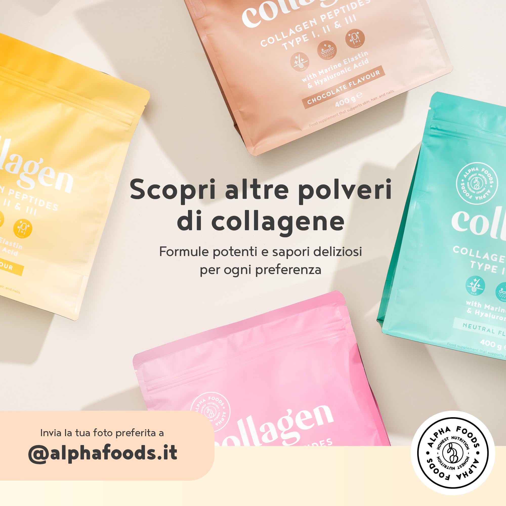 Collagene in Polvere | Collagen Peptides Idrolizzato Puro con Acido Ialuronico | Integratore Collagene da Bere | Colageno Donna e Uomo | Non Aromatizzato | 2x 400g | Alpha Foods