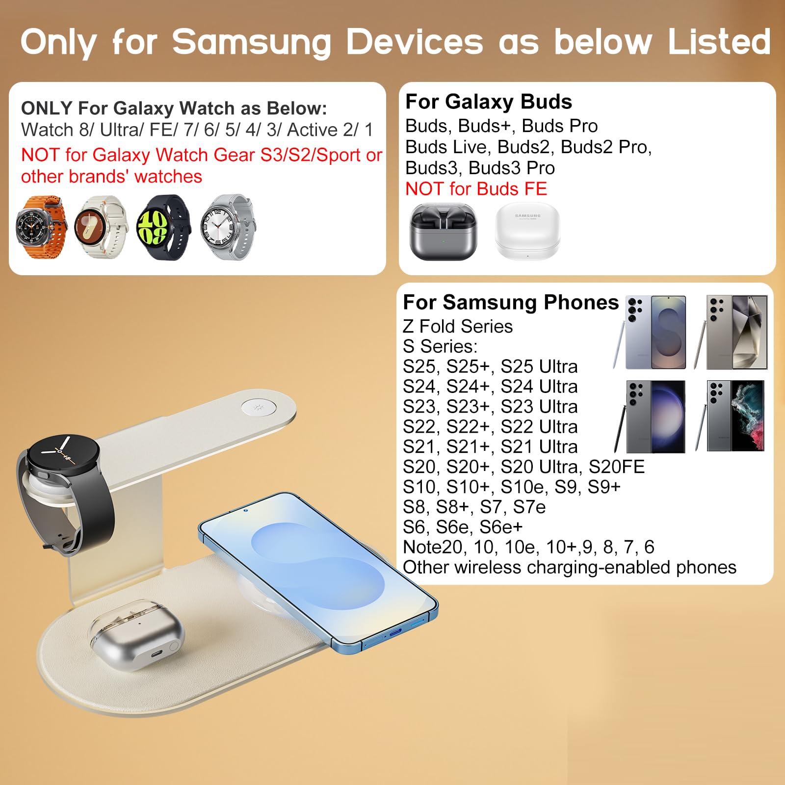 Estación de carga inalámbrica de metal para Samsung / Android Charger, 4 en 1, soporte de carga de reloj con luz nocturna para Samsung S25/S24/S23 Ultra/Buds3, solo para Galaxy Watch 8/7/6/5