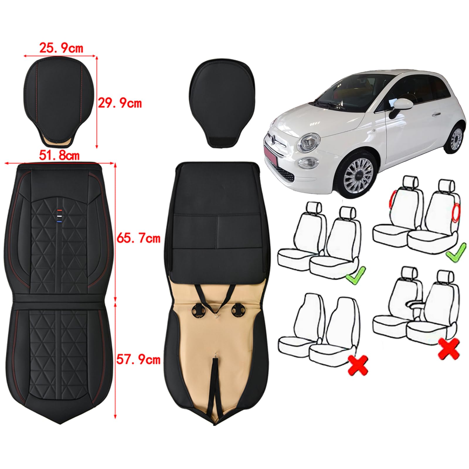 Autositzbezüge Auto Vordersitz 2 PCS Set Für FIAT 500 Autositzbezüge Leder ，Komfortabel Wasserfest Verschleißfest Atmungsaktiv Schwarz