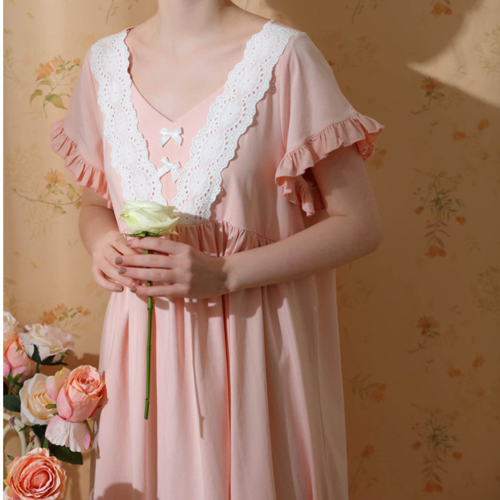 OFFSUM Camicia da Notte Donna - Camicia da Notte in Cotone Estivo A Maniche Corte con Scollo A V in Pizzo con Scollo A V E Fiocco in Stile Principessa