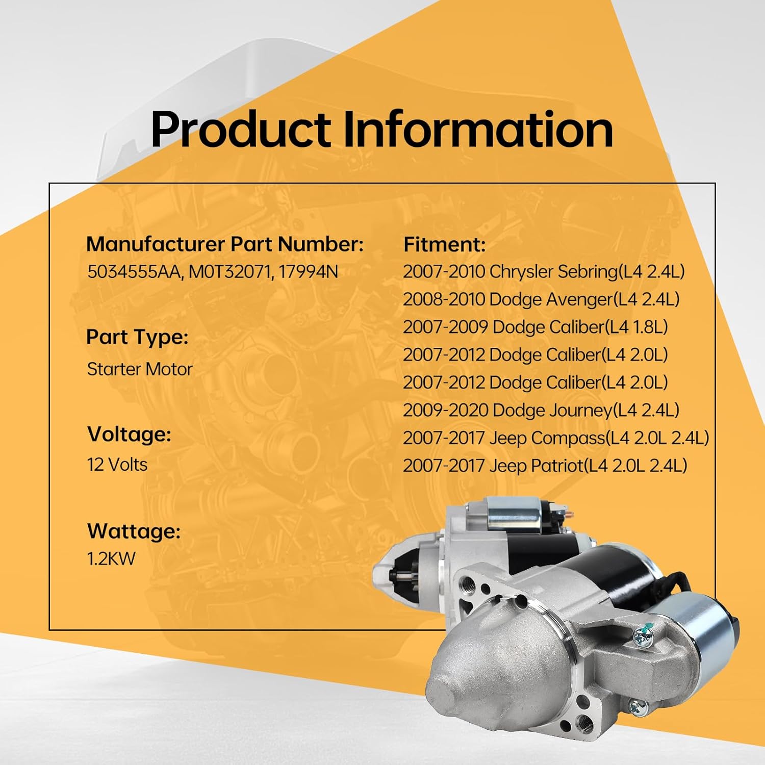 KUSATEC 17994 New Starter Fit For Chrysler Sebring 2007-2010; Dodge Avenger 2008-2010, Caliber 2007-2012, Journey 2009-2020; Jeep Compass Patriot 2007-2017; L4 1.8 2.0 2.4L; 5034555AA M0T32071