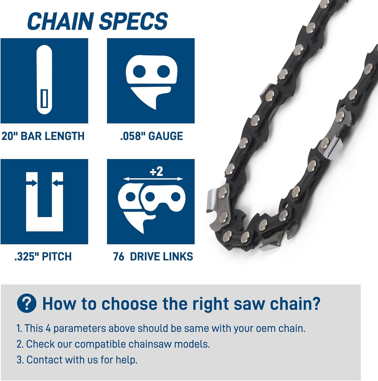 SawWorks 3-Pack 20 Inch Chainsaw Chain, 325" Pitch .058" Gauge 76 Drive Links for Supmix 62cc, WEMARS ‎6220G, NEOTEC NCS6200, Blue Max 53543, 52209, 8901, 8902 and More