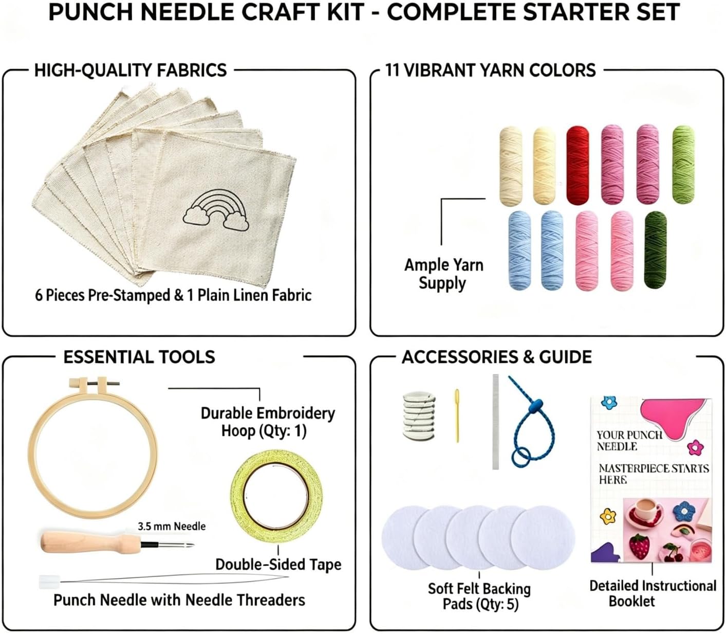 Punch Needle Kit for Adult Beginners, 3-4" Needle Punch Coaster & Bag Charm Starter Set, DIY Embroidery Crafts with Premium Monk's Cloth, Extra Yarn & Video Tutorial, Stress Relief Gift, 5 Projects
