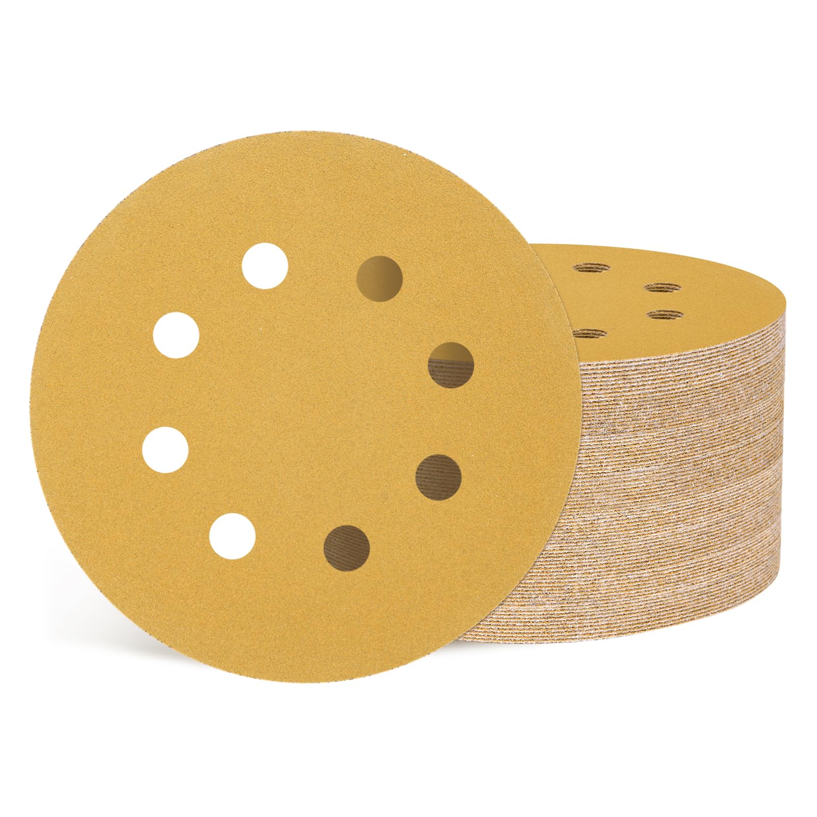 Kozelo 100 Pcs Sanding Disc 125 mm 150 Grit 8 Hole Hook and Loop Random Orbital Sandpapers Suitable for Drywall Sander Wood Metal Furniture, Yellow