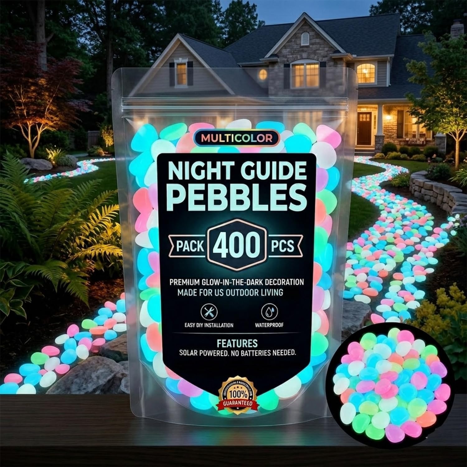 Colorful Glow in the Dark Pebbles for Garden Walkway - Luminous Decorative Stones for Garden Path, Yard & Fish Tank - Outdoor Garden Stones Rainbow Glow Rocks (400)