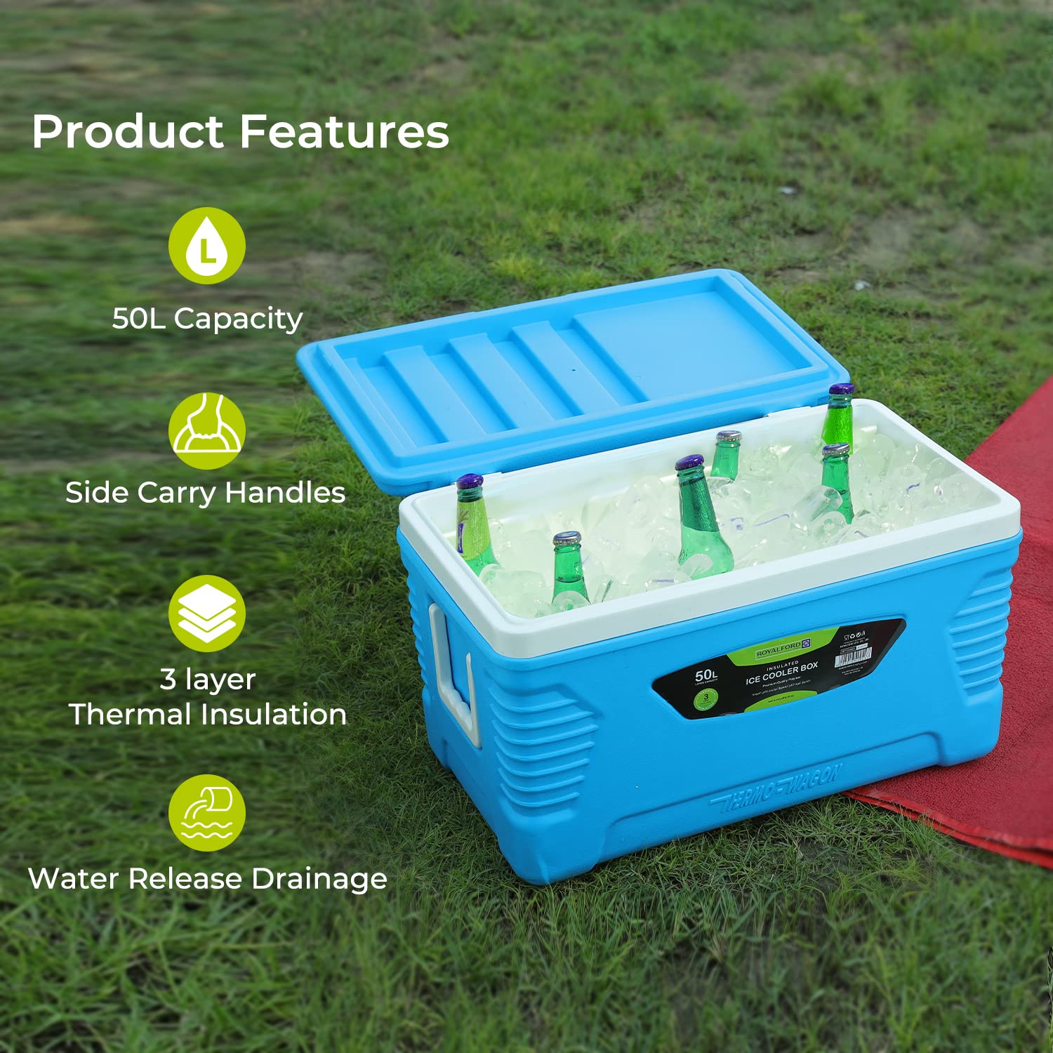 Royalford Insulated Cooler Box - Hot/Cold Freezer Box with Integrated Lock Lid and Carry Handle - Ideal for Beach and Picnic — view 2